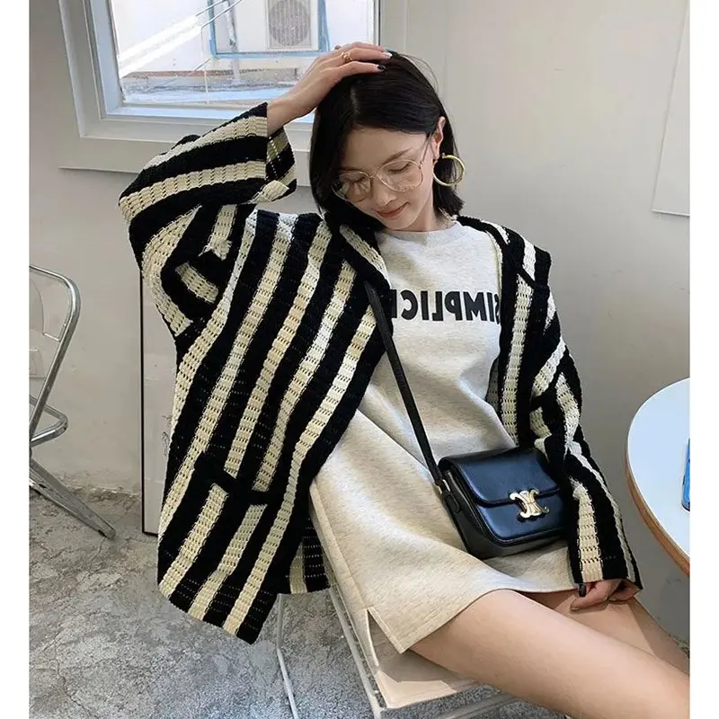 2025 Autumn Striped Hooded Sweater Cardigan Women's Spring Autumn Thin Loose Casual knitted Sweater Coat Female Knitwear Jackets