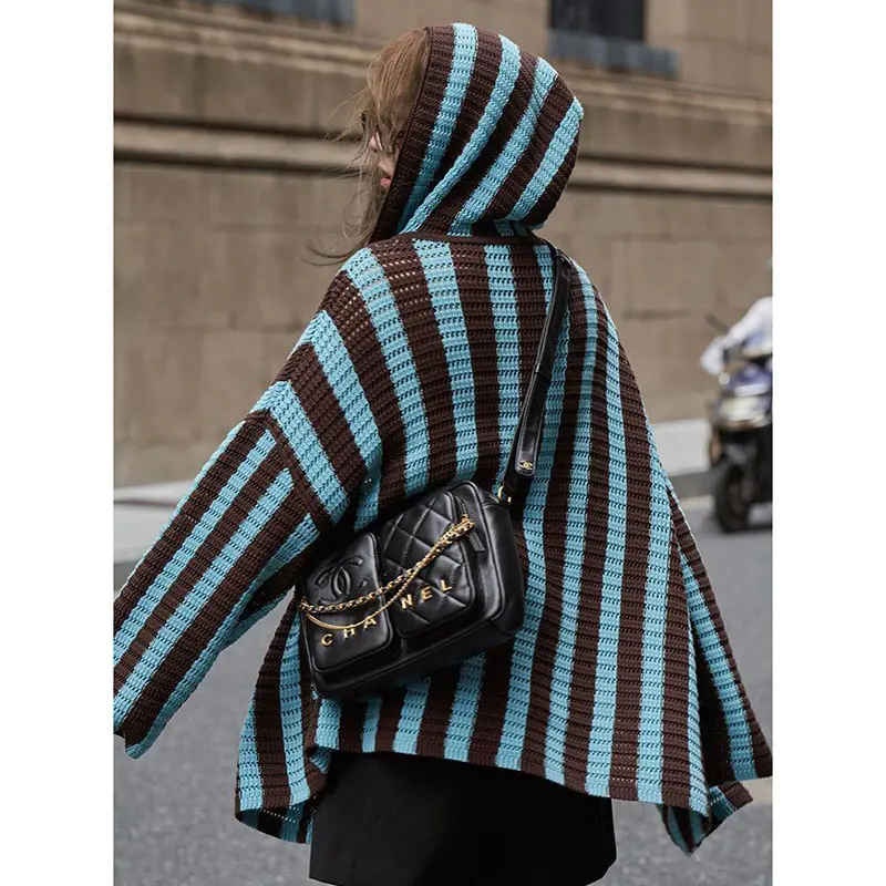2025 Autumn Striped Hooded Sweater Cardigan Women's Spring Autumn Thin Loose Casual knitted Sweater Coat Female Knitwear Jackets