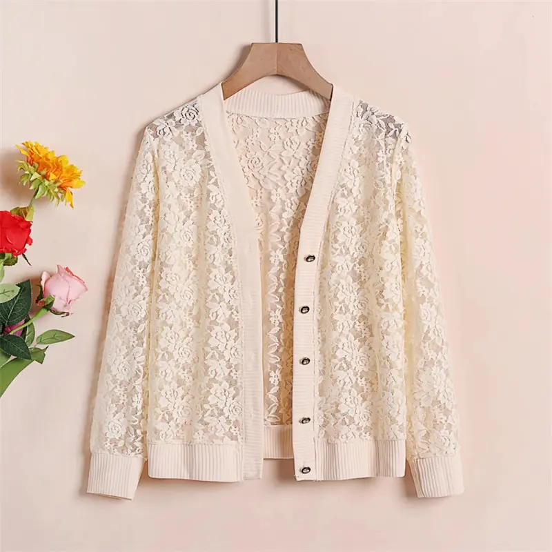 2025 New lace Cardigan Button Sunscreen Clothing Women Loose Spring Summer Thin Shawl knitted Hollow Coat Female Top