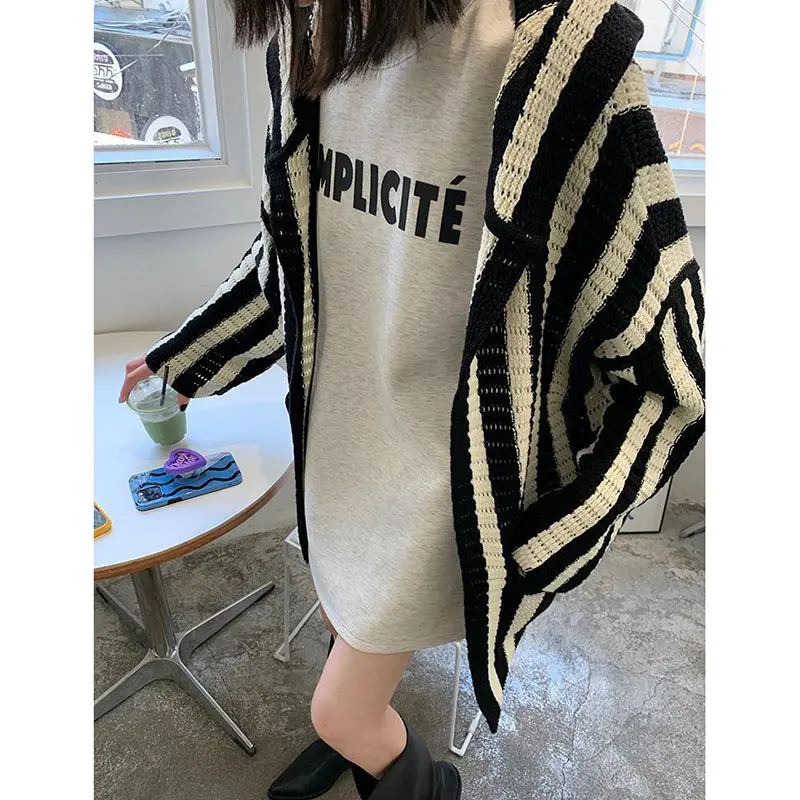 2025 Autumn Striped Hooded Sweater Cardigan Women's Spring Autumn Thin Loose Casual knitted Sweater Coat Female Knitwear Jackets
