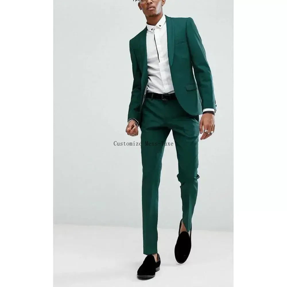 Shawl Lapel Suits for Men Dark Green Fashion Formal Casual Graduation Suits Party Prom Wedding Groom Tuxedo 2 Piece Set
