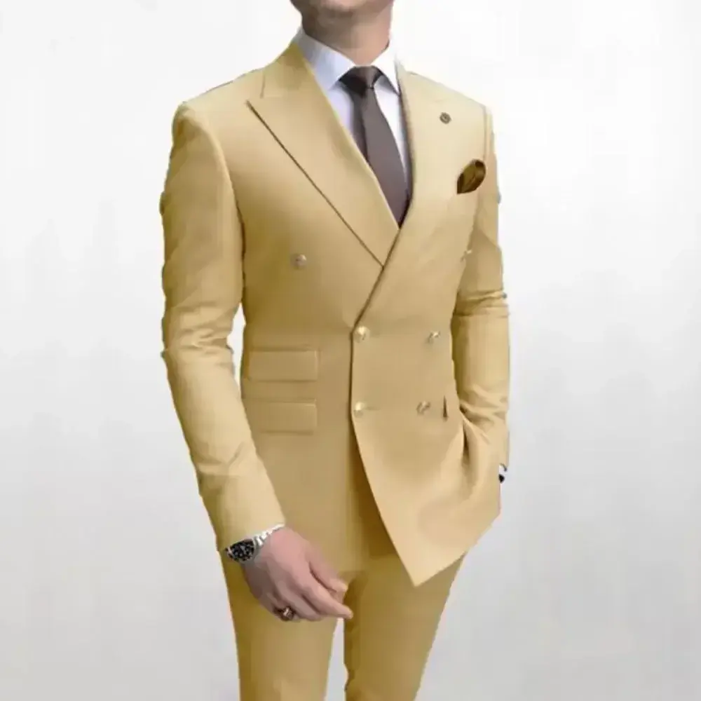 New Casual 2-piece Double Breasted Men's Suit Business Standard Cut Notch Lapel Wedding Ball Tuxedo (Suit + Pants) Men Clothing