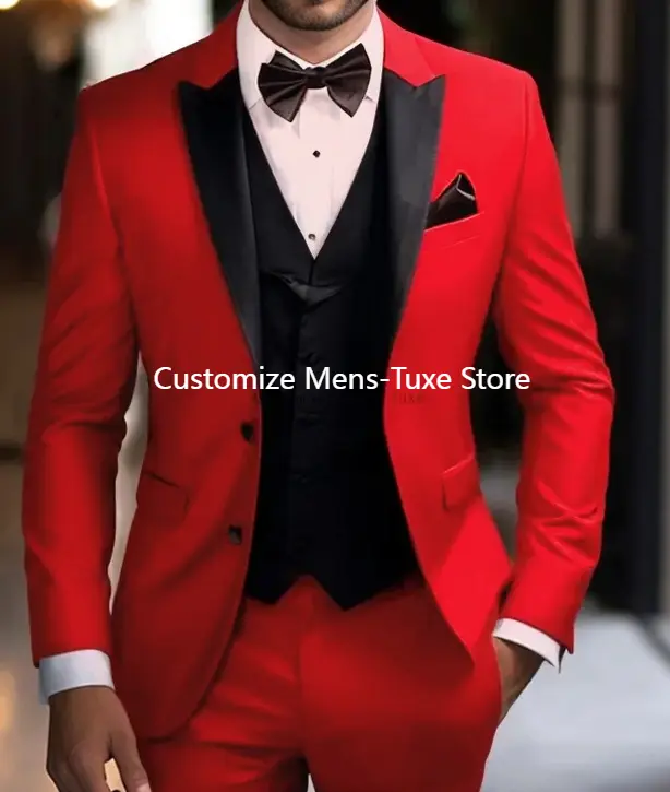 Costume Homme Red Jacket Pants with Black Vest 3 Piece Single Breasted Peak Lapel Regular Length Slim Fit Wedding Outfits Slim