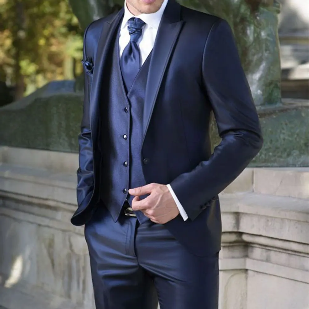 2023 Fashion Casual Custom Made Groom Tuxedo Navy Blue Peak Lapel Wedding/Prom Best Man Suits Bridegroom (Jacket+Pants+Vest)