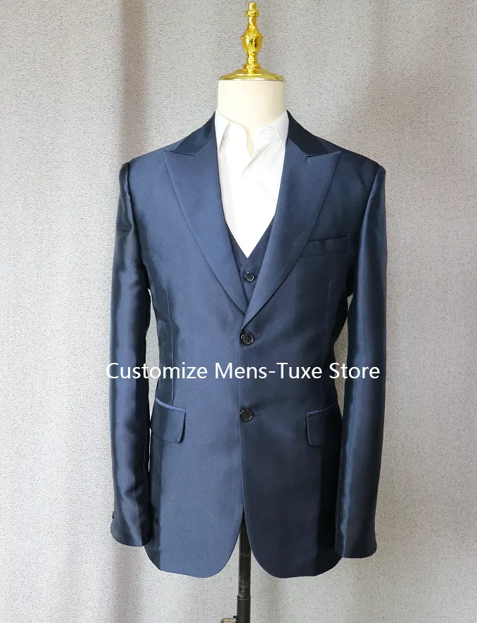 2023 Fashion Casual Custom Made Groom Tuxedo Navy Blue Peak Lapel Wedding/Prom Best Man Suits Bridegroom (Jacket+Pants+Vest)