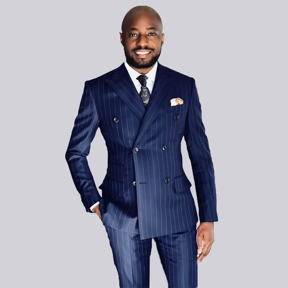 New Arrival Striped Male Suit Blue Formal Casual Wedding Tuxedo 2 Piece Business Peak Lapel Double Breasted Blazer with Pants