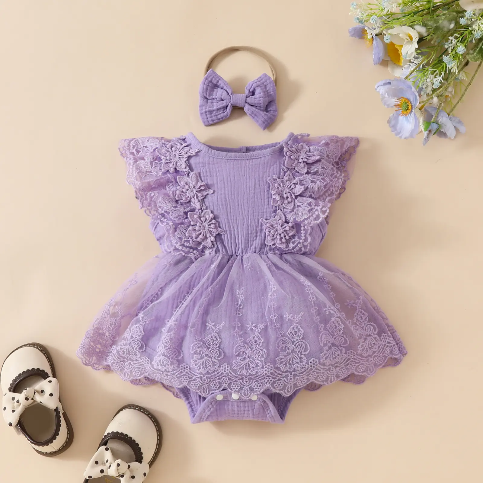 ma&baby 0-18M Baby Girl Romper Newborn Infant Toddler Tulle Floral Lace Jumpsuit Headband  Princess Summer Outfits