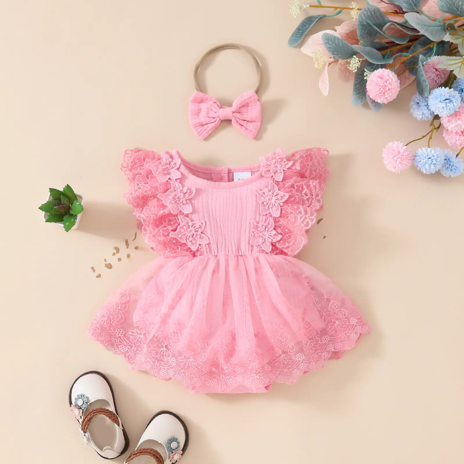 ma&baby 0-18M Baby Girl Romper Newborn Infant Toddler Tulle Floral Lace Jumpsuit Headband  Princess Summer Outfits
