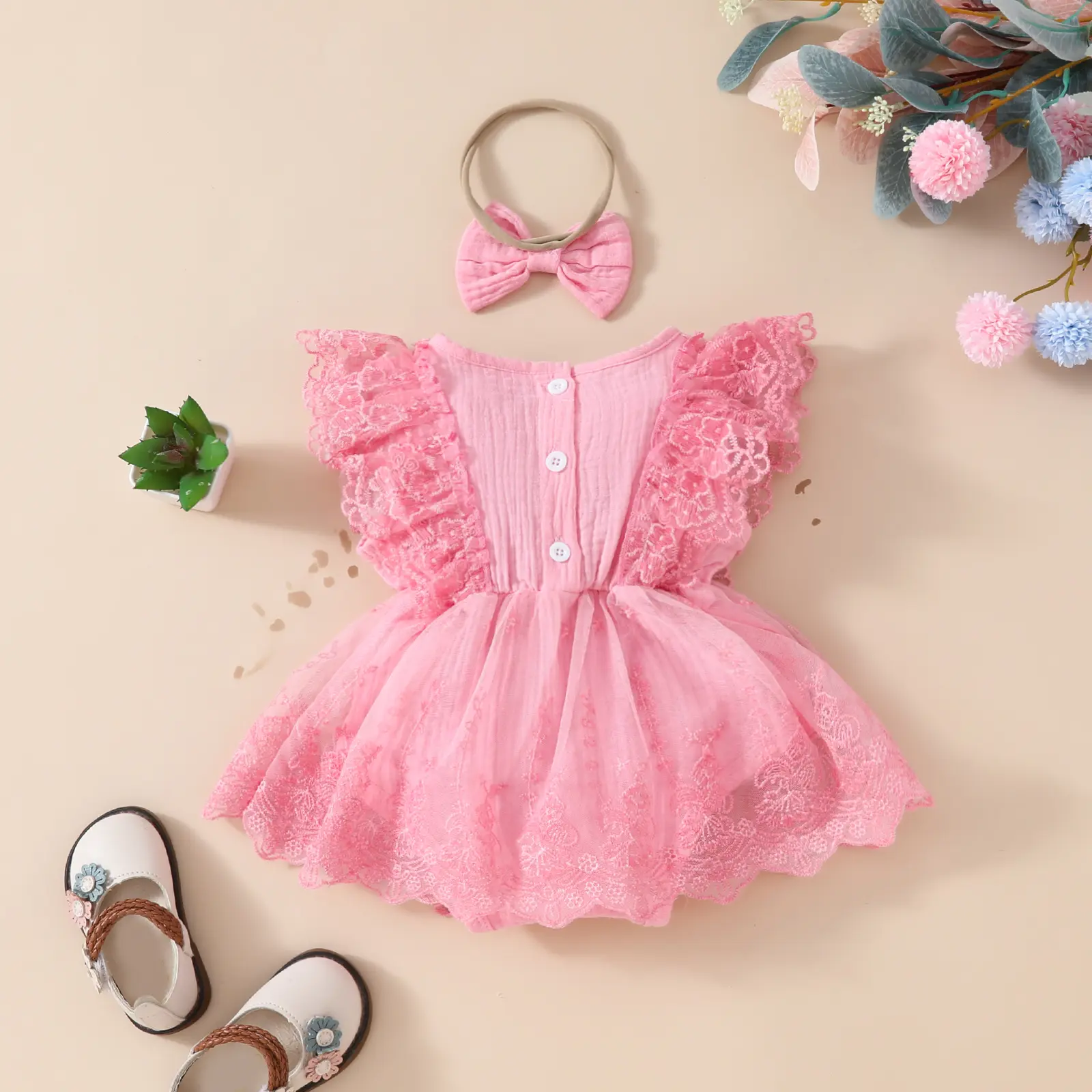 ma&baby 0-18M Baby Girl Romper Newborn Infant Toddler Tulle Floral Lace Jumpsuit Headband  Princess Summer Outfits