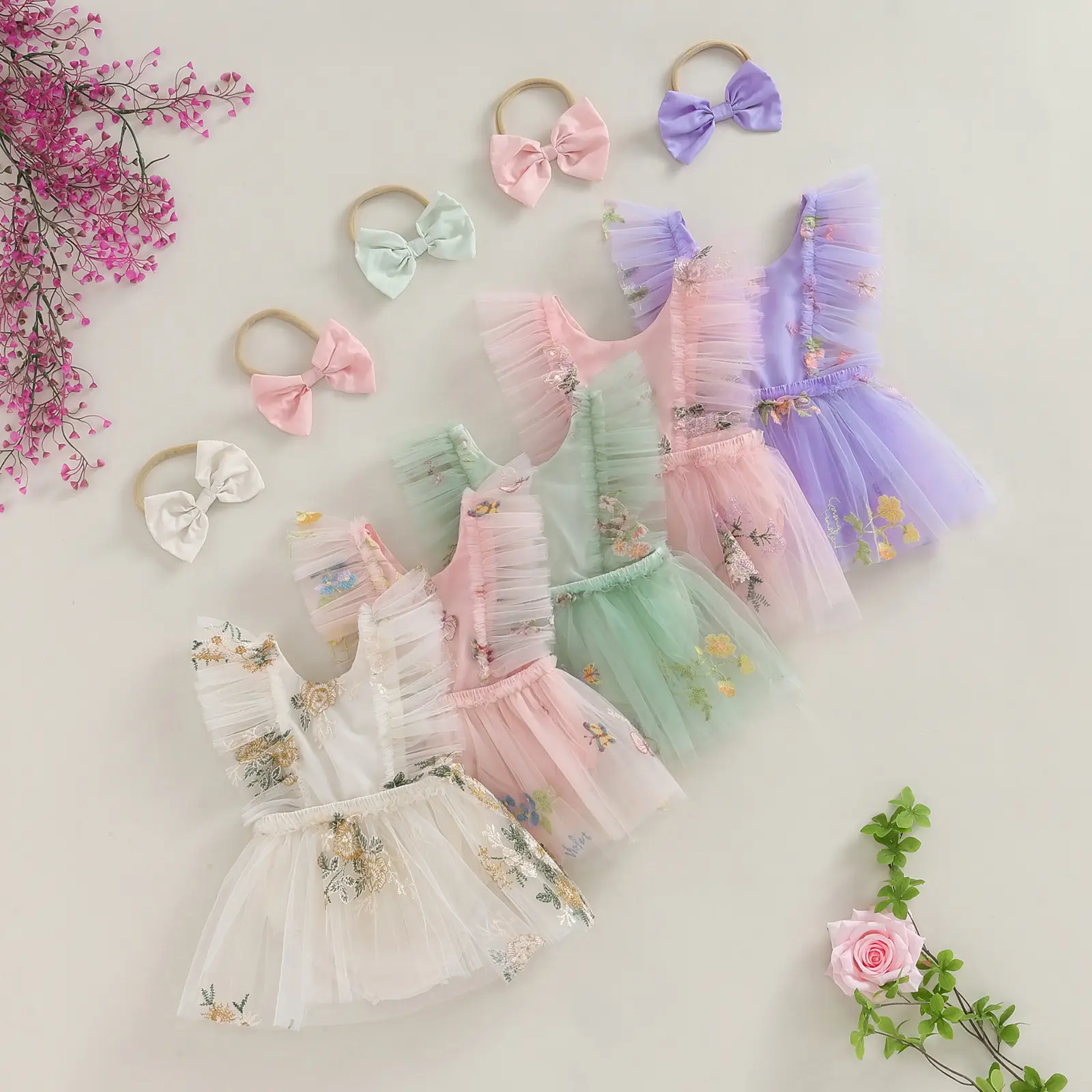ma&baby 0-18M Baby Girl Romper Newborn Infant Toddler Jumpsuit Summer Outfits  Floral Embroidery Tulle Sunsuit  Headband