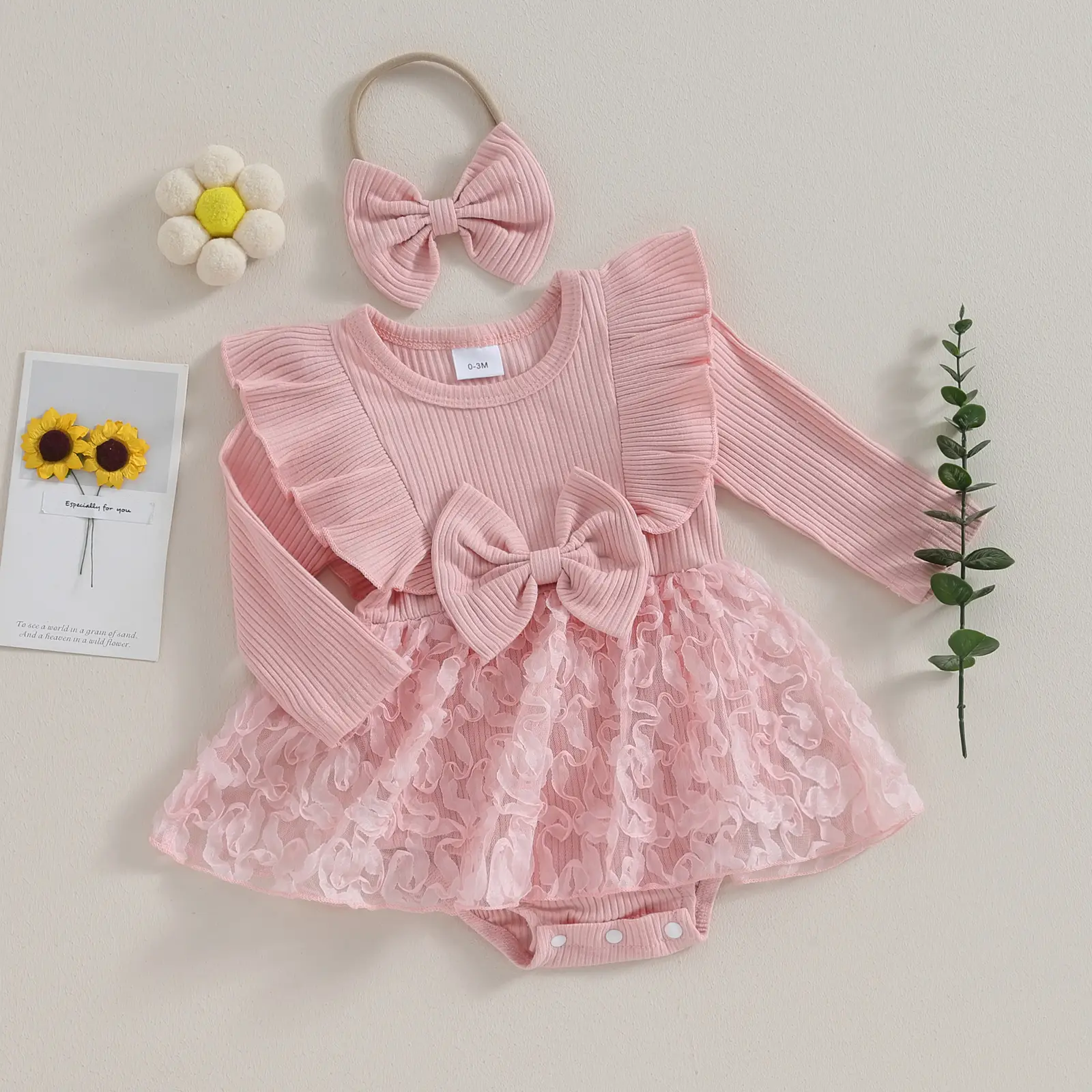 ma&baby 0-18M Baby Girl Romper Newborn Infant Jumpsuit Fall Spring Long Sleeve Lace Ruffle Clothes Headband Outfits