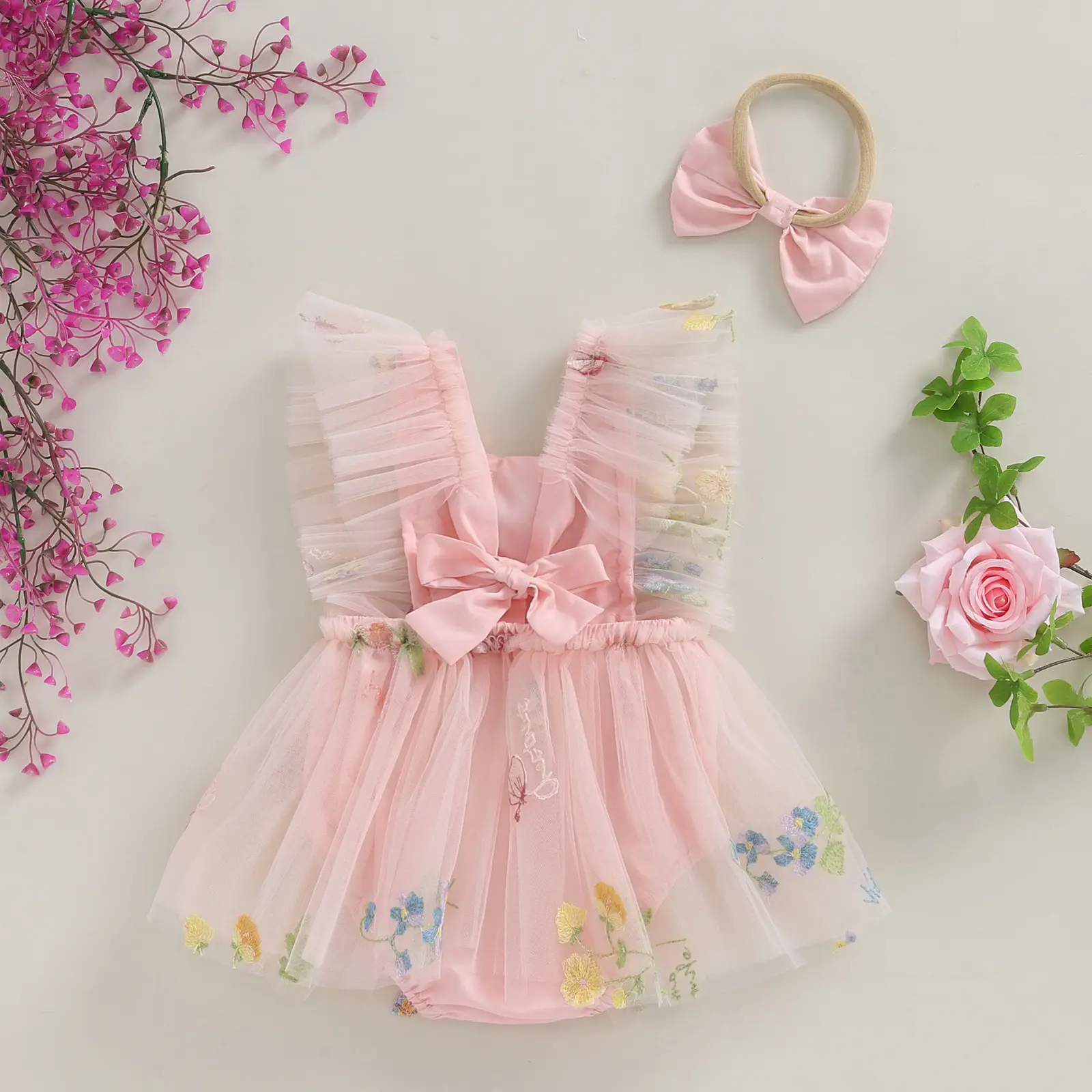 ma&baby 0-18M Baby Girl Romper Newborn Infant Toddler Jumpsuit Summer Outfits  Floral Embroidery Tulle Sunsuit  Headband