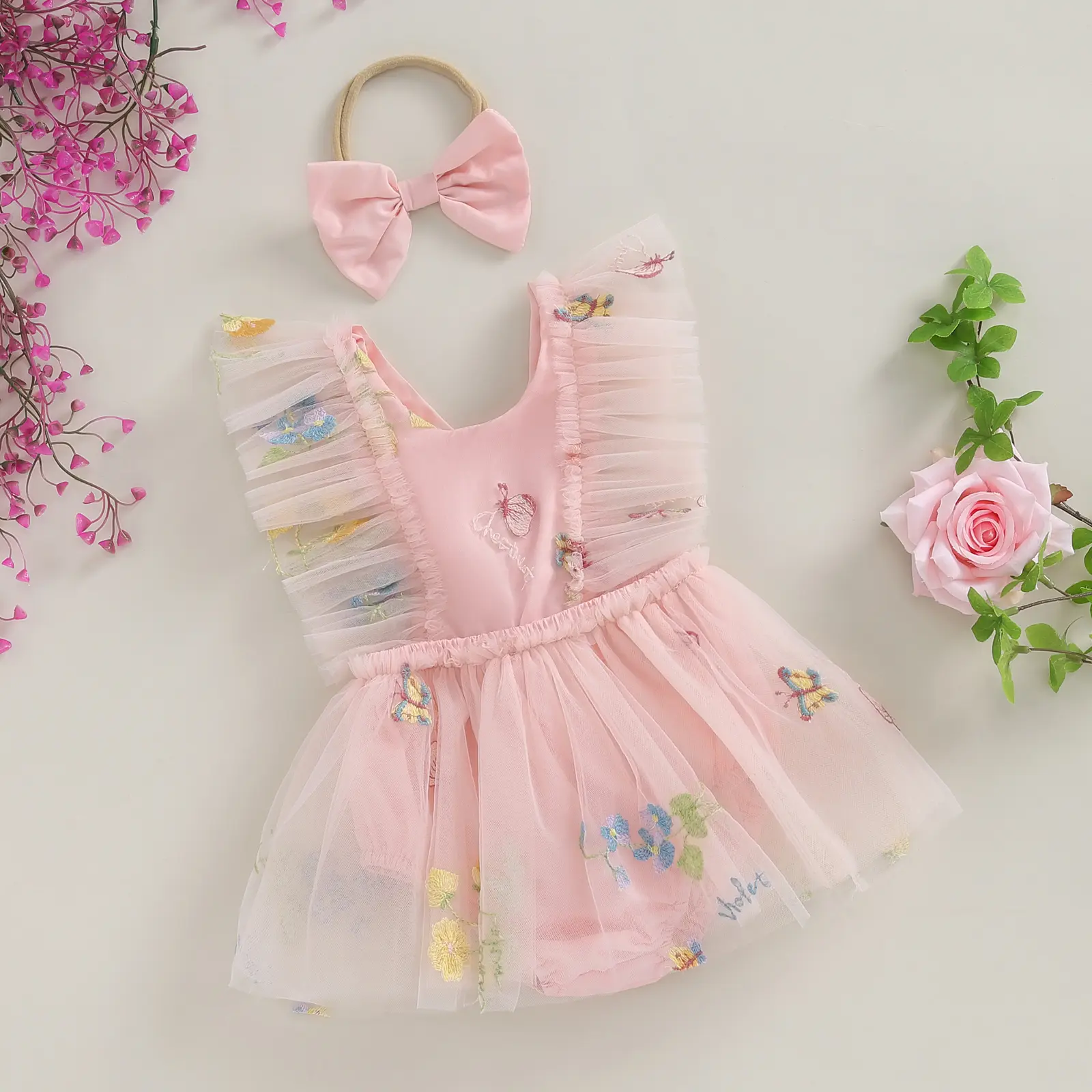 ma&baby 0-18M Baby Girl Romper Newborn Infant Toddler Jumpsuit Summer Outfits  Floral Embroidery Tulle Sunsuit  Headband