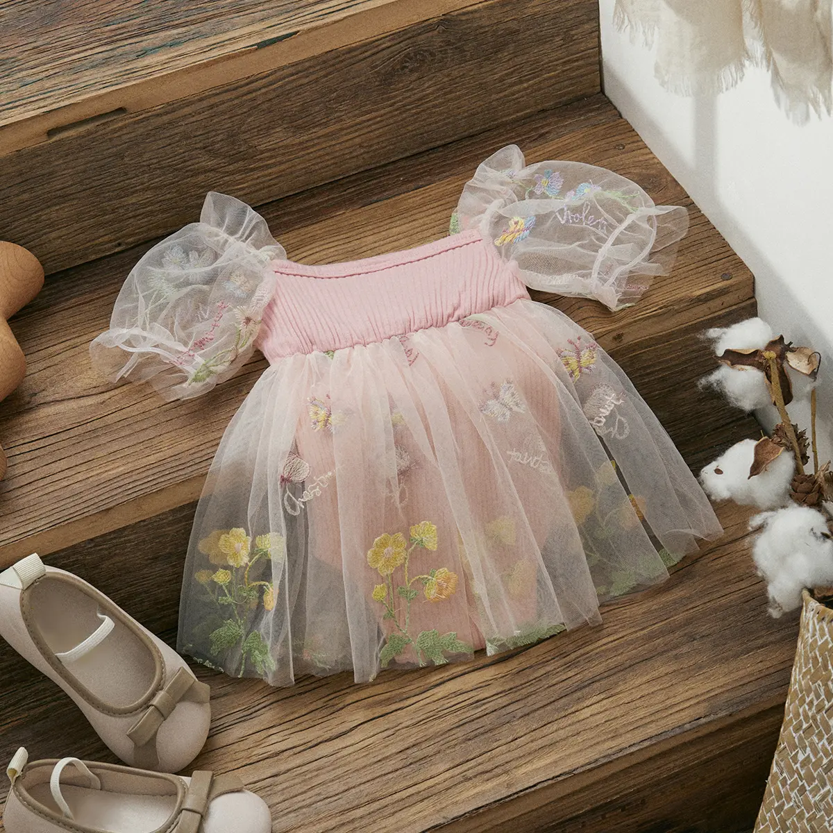 ma&baby 0-24M Baby Girl Romper Newborn Infant Toddler Jumpsuit Princess Floral Embroidery Tulle Sunsuit Summer Headband Outfits
