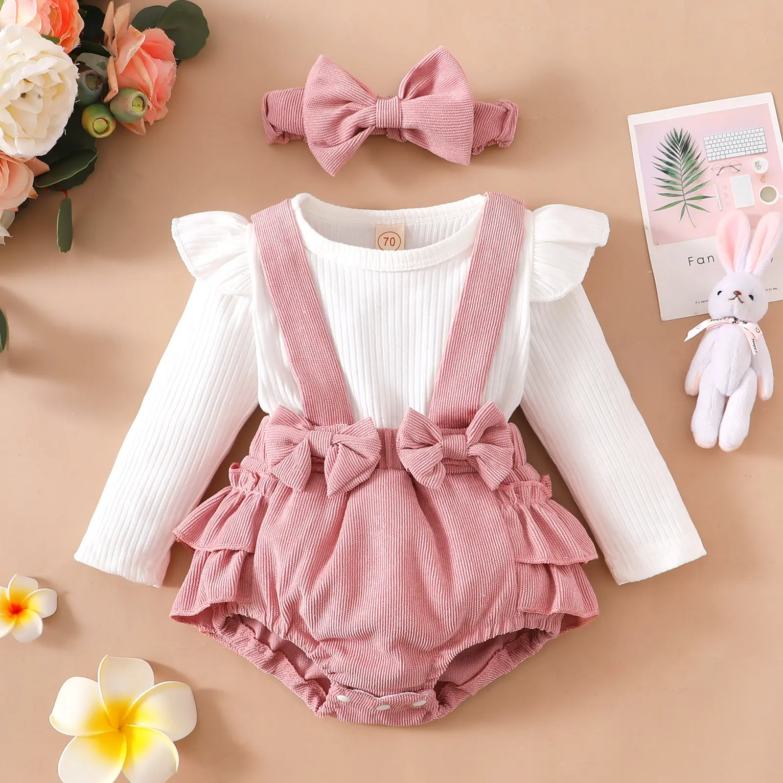 ma&baby 0-18M Baby Girls Romper Toddler Newborn Infant Fall Spring Jumpsuit Knit Long Sleeve Romper Bow Headband Outfits