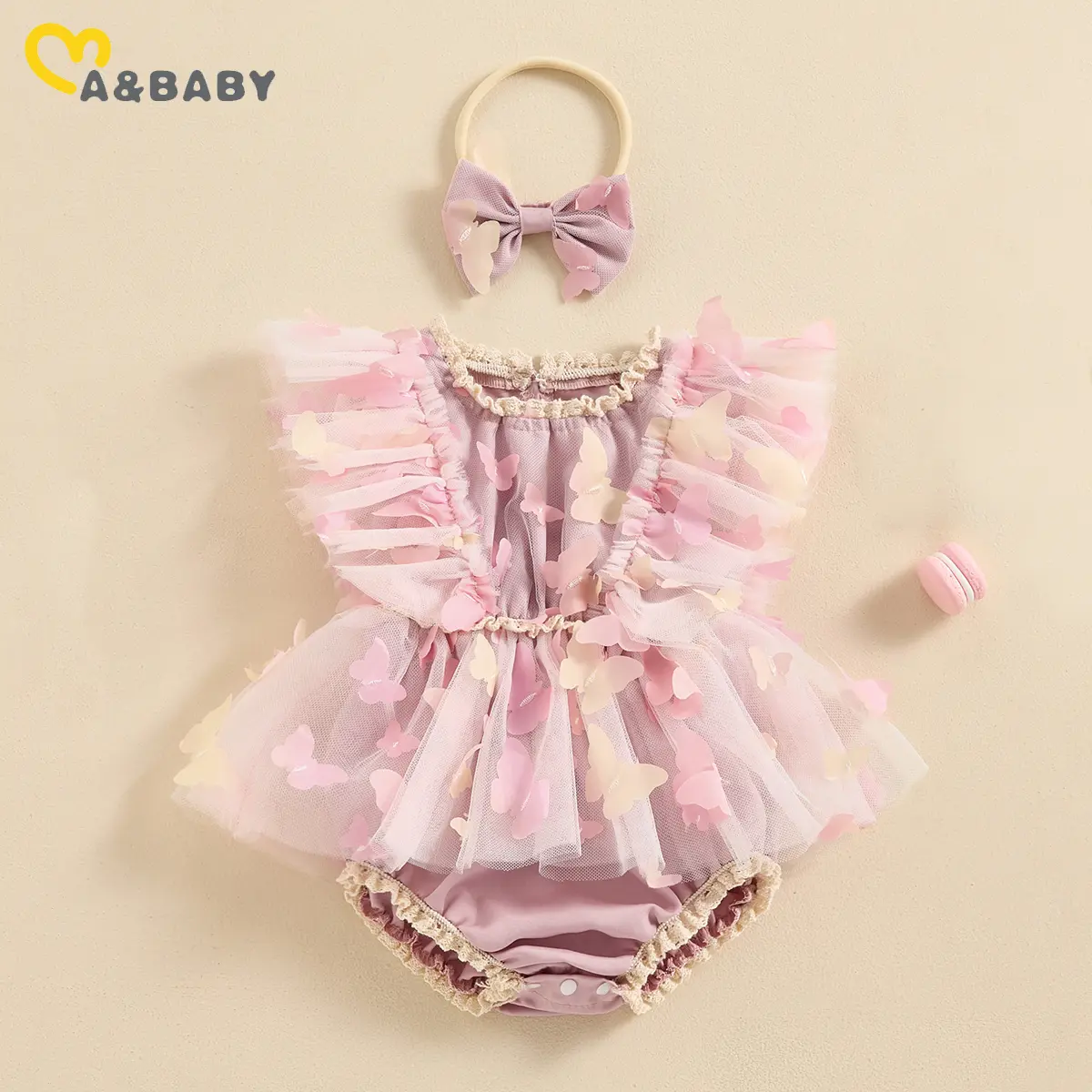 ma&baby 0-18M Baby Girls Rompers Newborn Infant Toddler Girl Butterfly  Tulle Jumpsuit  Sunsuit + Headband Outfits