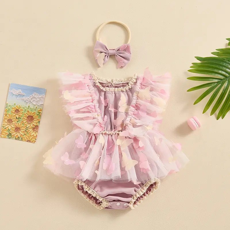 ma&baby 0-18M Baby Girls Rompers Newborn Infant Toddler Girl Butterfly  Tulle Jumpsuit  Sunsuit + Headband Outfits