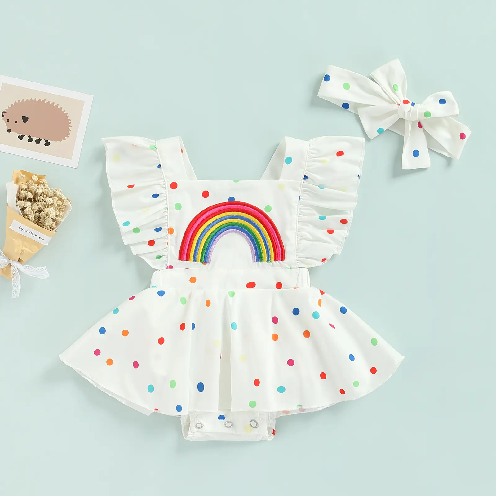 Ma&Baby 0-24M Baby Girls Romper Cute Newborn Infant Toddler Rainbow Dot Print Ruffle Jumpsuit Headband Playsuit Summer Outfits