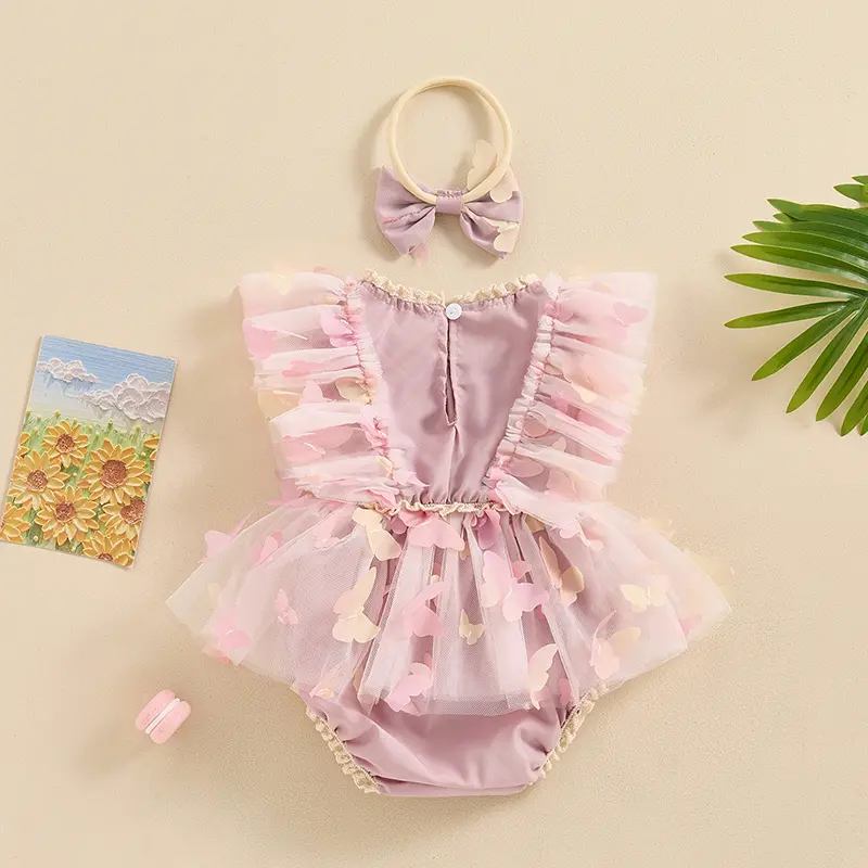ma&baby 0-18M Baby Girls Rompers Newborn Infant Toddler Girl Butterfly  Tulle Jumpsuit  Sunsuit + Headband Outfits