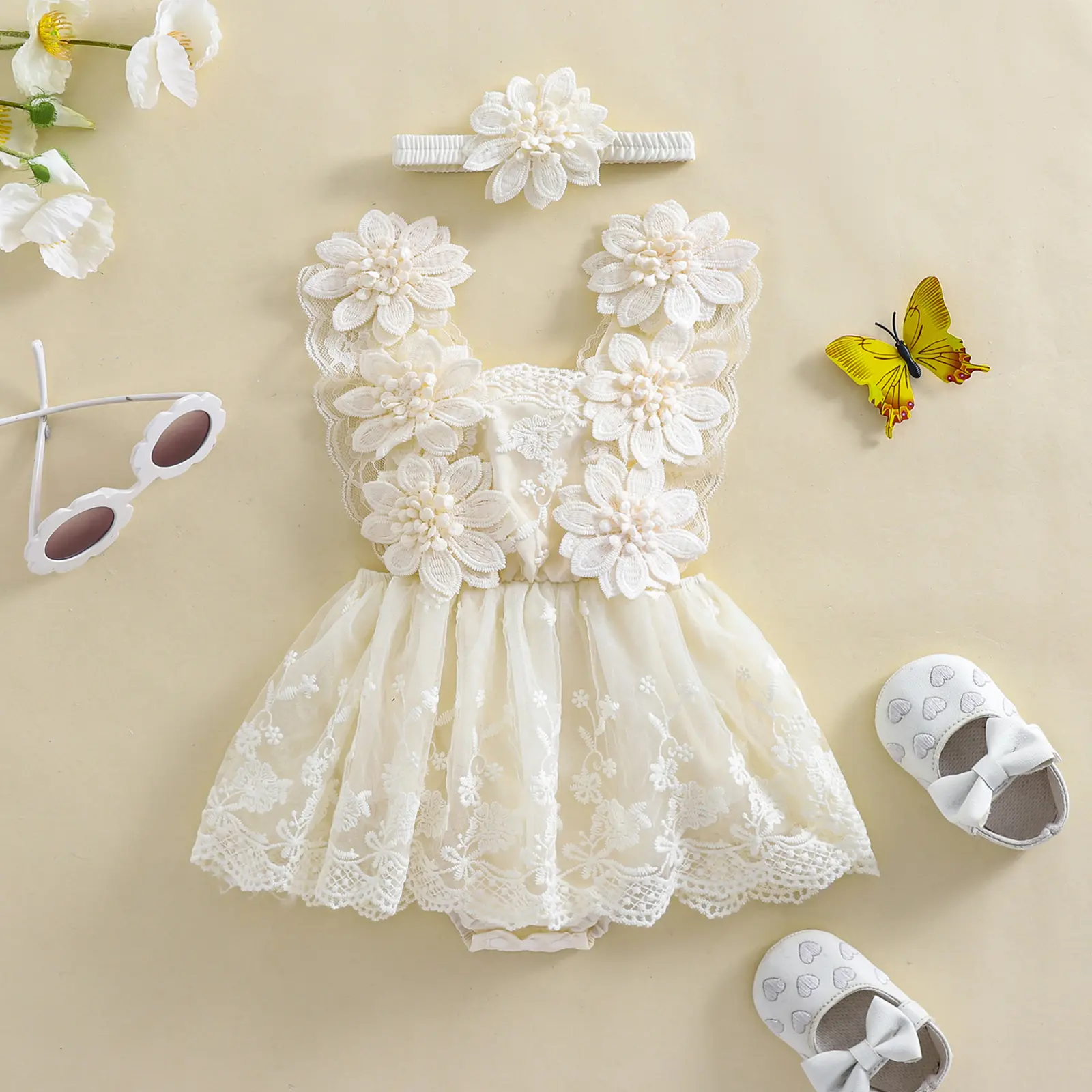 ma&baby 0-24M Baby Girl Romper Newborn Infant Toddler Princess Lace Flower Embroidery Jumpsuit Bow Headband Summer Outfits