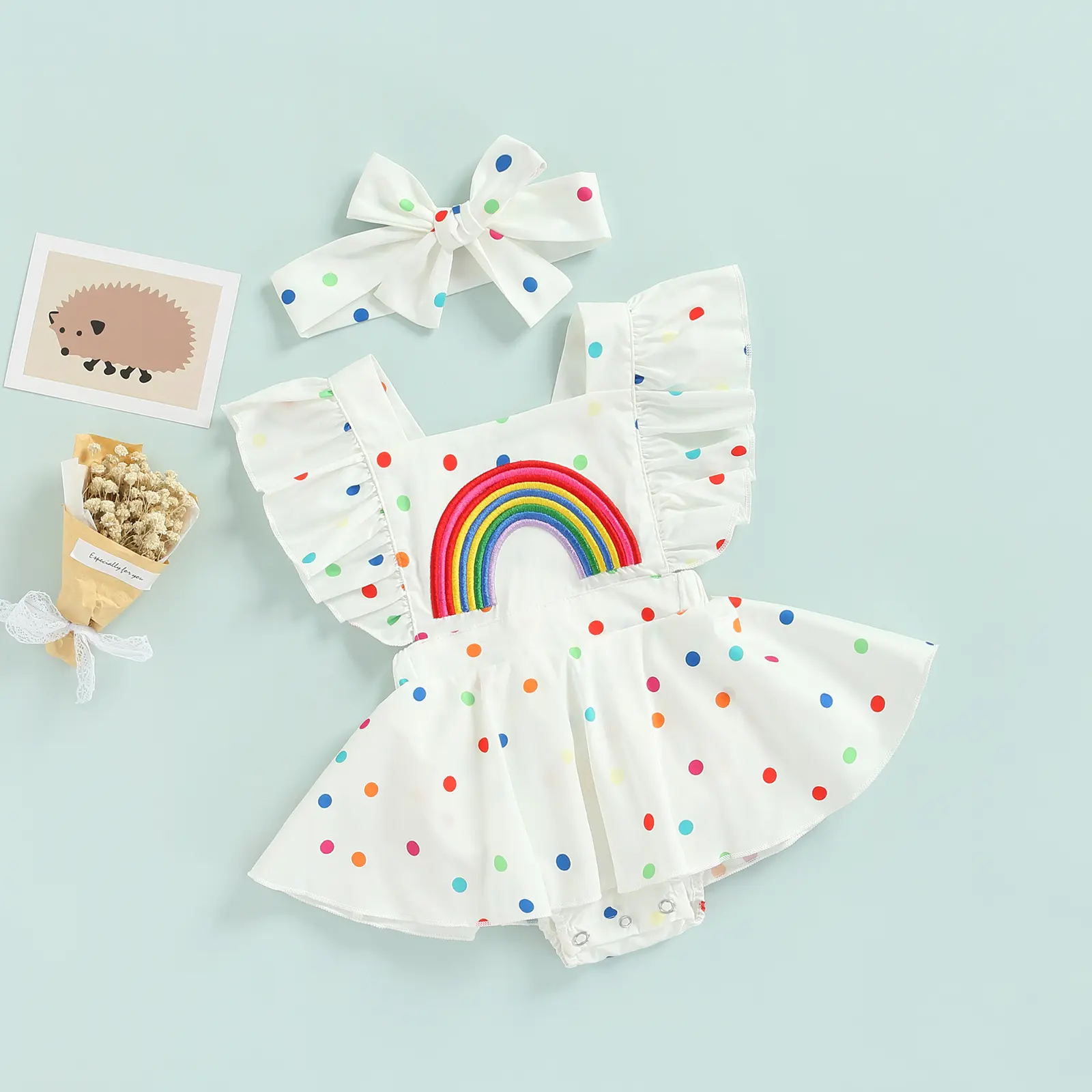 Ma&Baby 0-24M Baby Girls Romper Cute Newborn Infant Toddler Rainbow Dot Print Ruffle Jumpsuit Headband Playsuit Summer Outfits