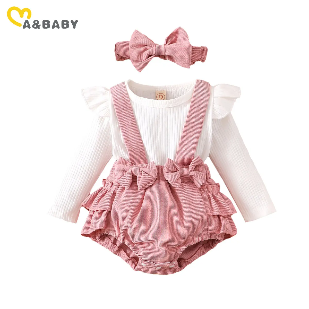 ma&baby 0-18M Baby Girls Romper Toddler Newborn Infant Fall Spring Jumpsuit Knit Long Sleeve Romper Bow Headband Outfits
