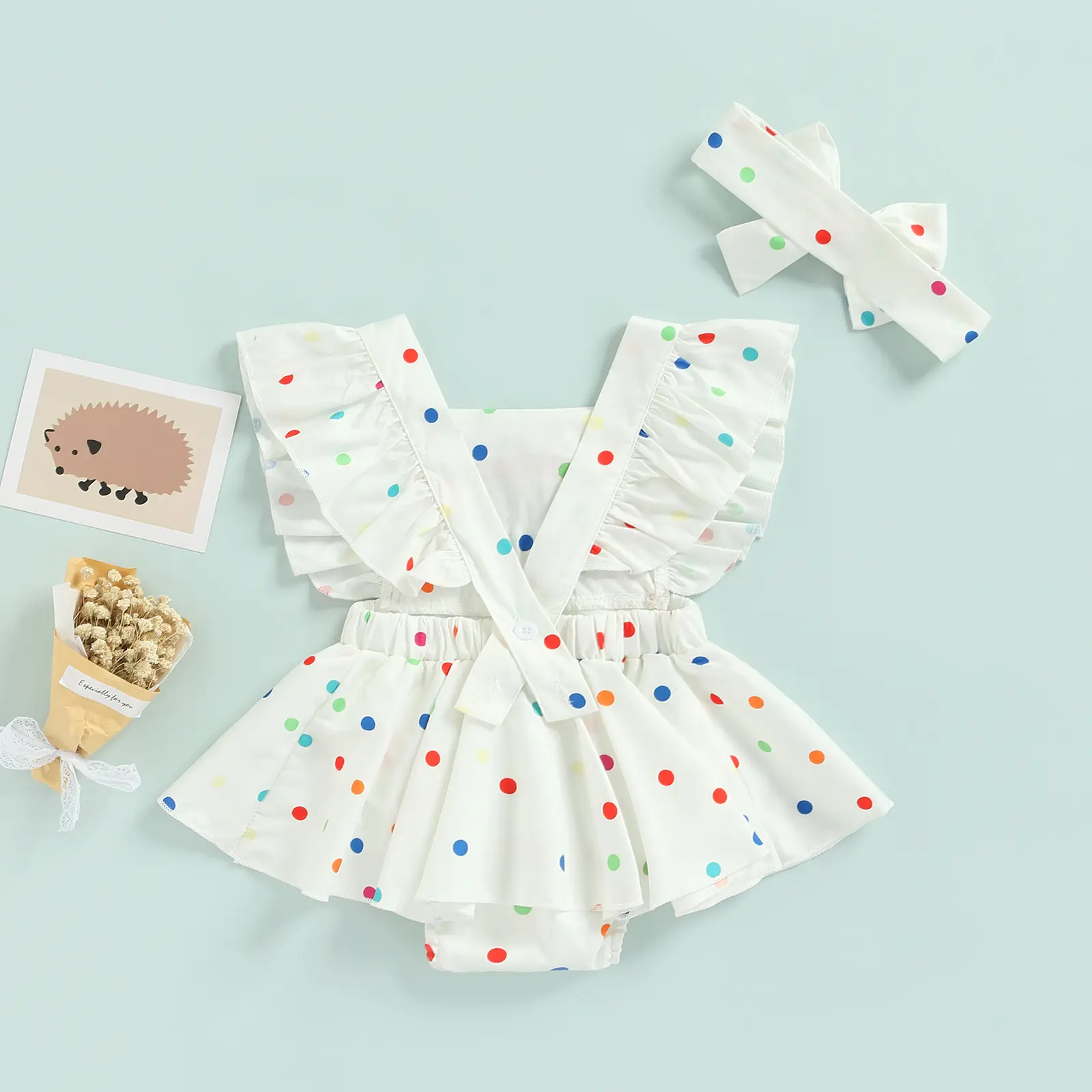 Ma&Baby 0-24M Baby Girls Romper Cute Newborn Infant Toddler Rainbow Dot Print Ruffle Jumpsuit Headband Playsuit Summer Outfits