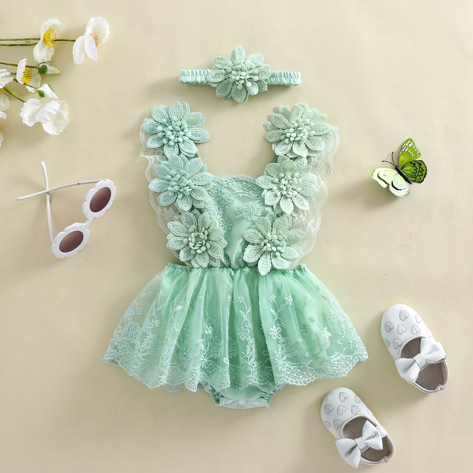 ma&baby 0-24M Baby Girl Romper Newborn Infant Toddler Princess Lace Flower Embroidery Jumpsuit Bow Headband Summer Outfits
