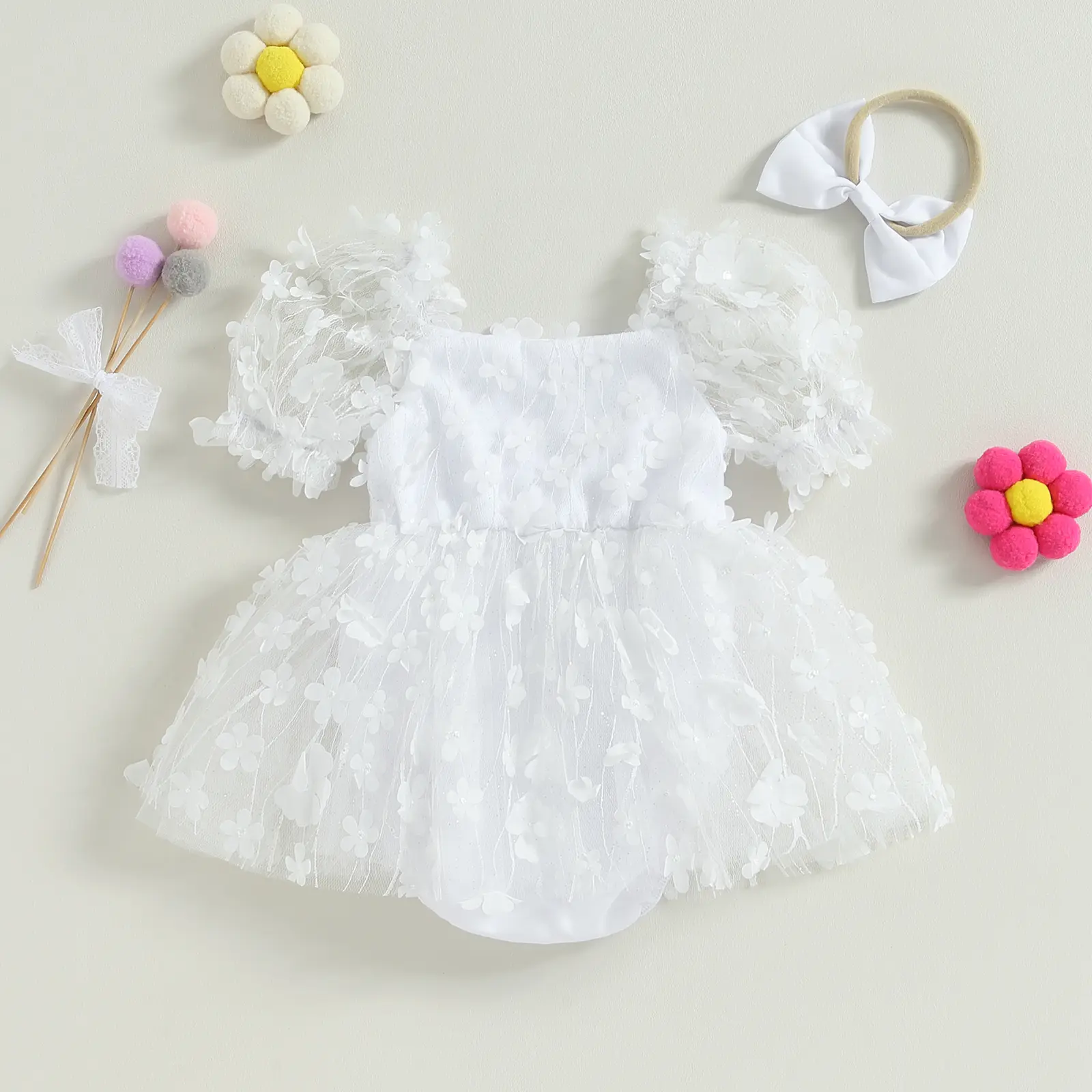 ma&baby 0-18M Baby Girls Romper Toddler Newborn Infant Tulle Jumpsuit Floral Ruffles Sunsuit Playsuit Headband Birthday Outfits