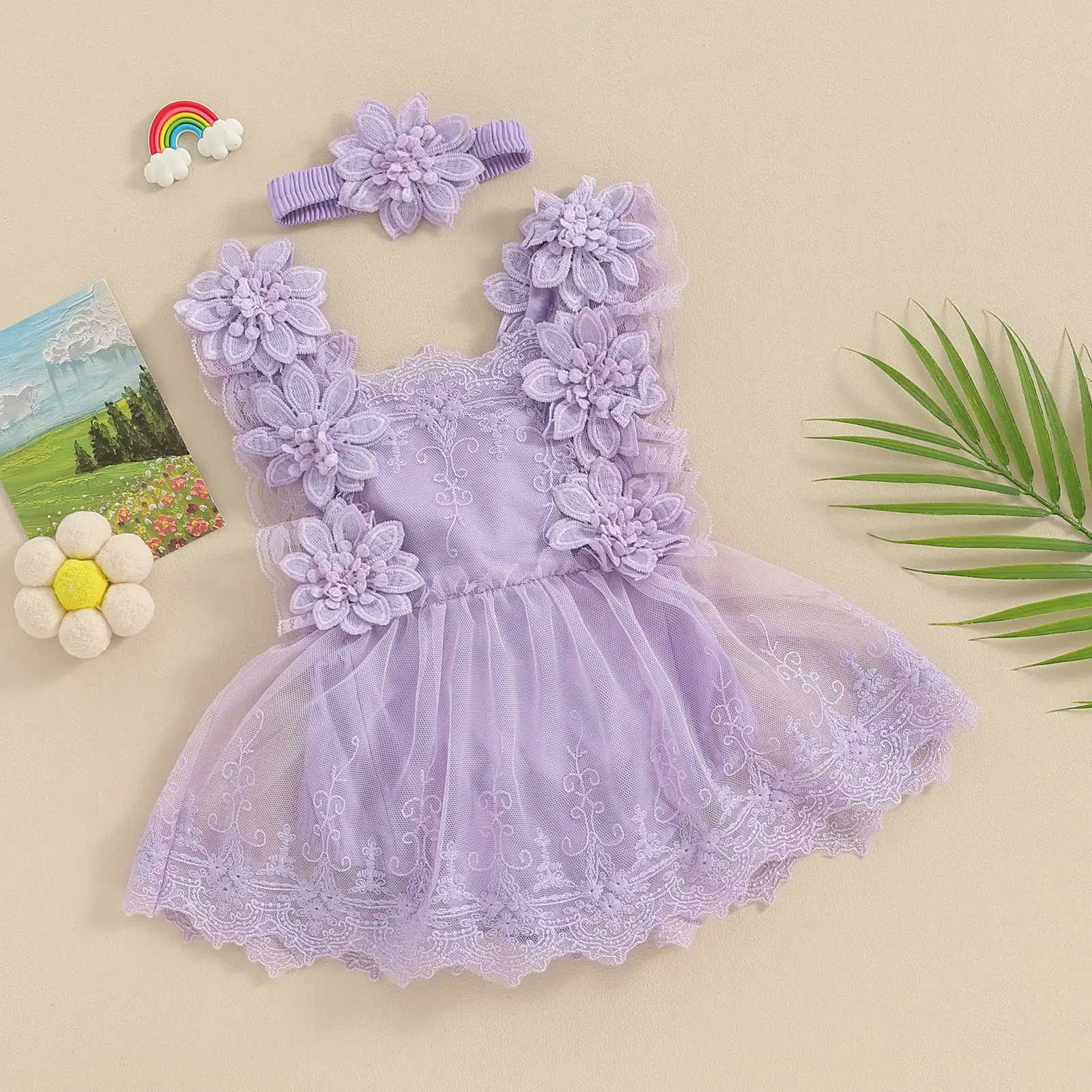 ma&baby 0-18M Baby Girl Romper Newborn Infant Toddler Jumpsuit + Headband Princess Tulle Floral Embroidery  Birthday  Outfits