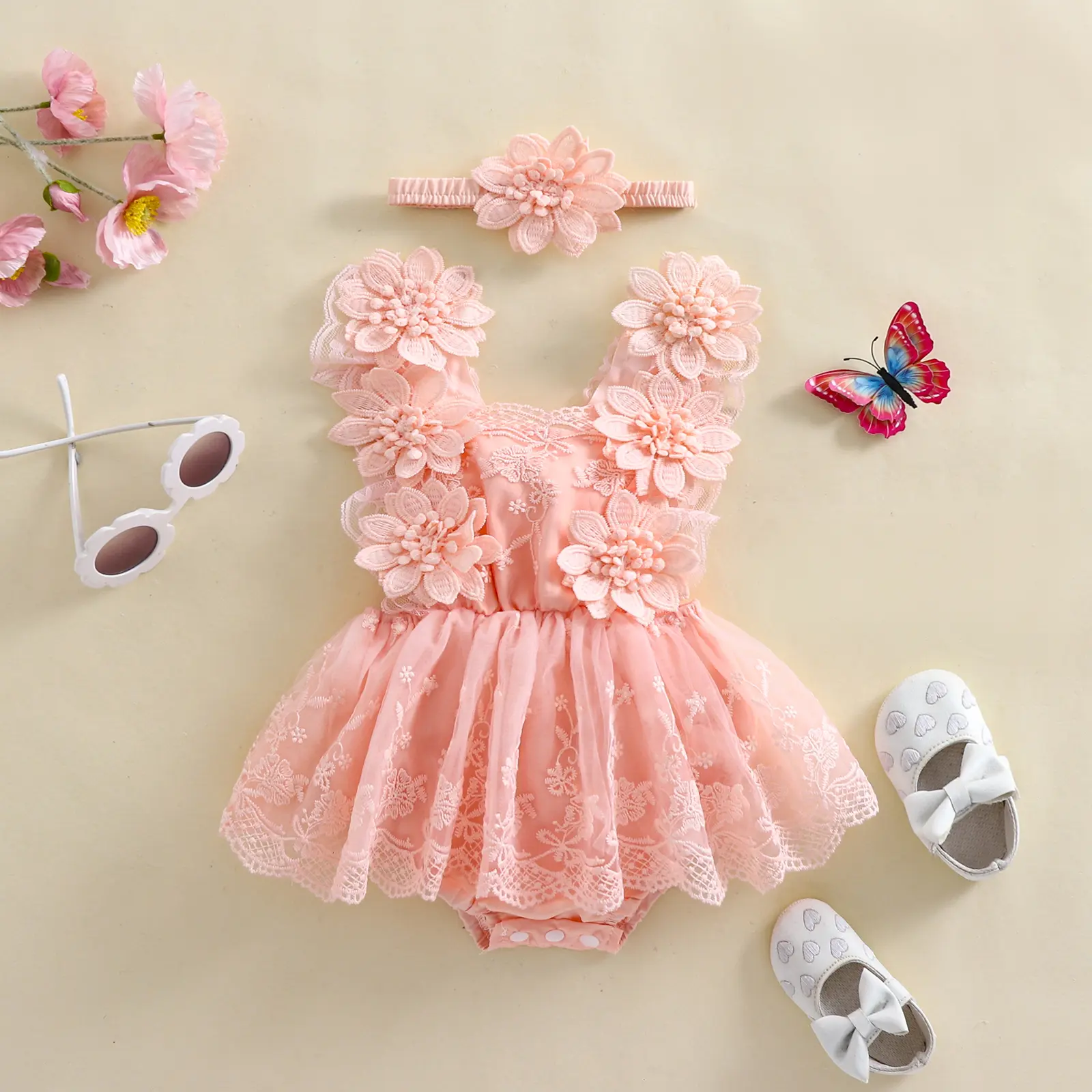 ma&baby 0-24M Baby Girl Romper Newborn Infant Toddler Princess Lace Flower Embroidery Jumpsuit Bow Headband Summer Outfits