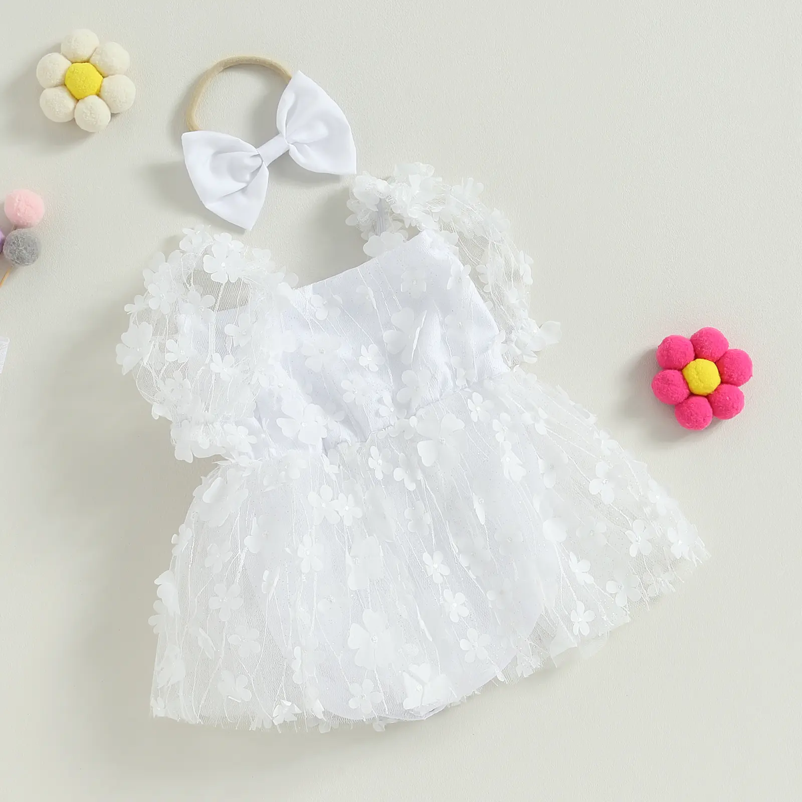 ma&baby 0-18M Baby Girls Romper Toddler Newborn Infant Tulle Jumpsuit Floral Ruffles Sunsuit Playsuit Headband Birthday Outfits
