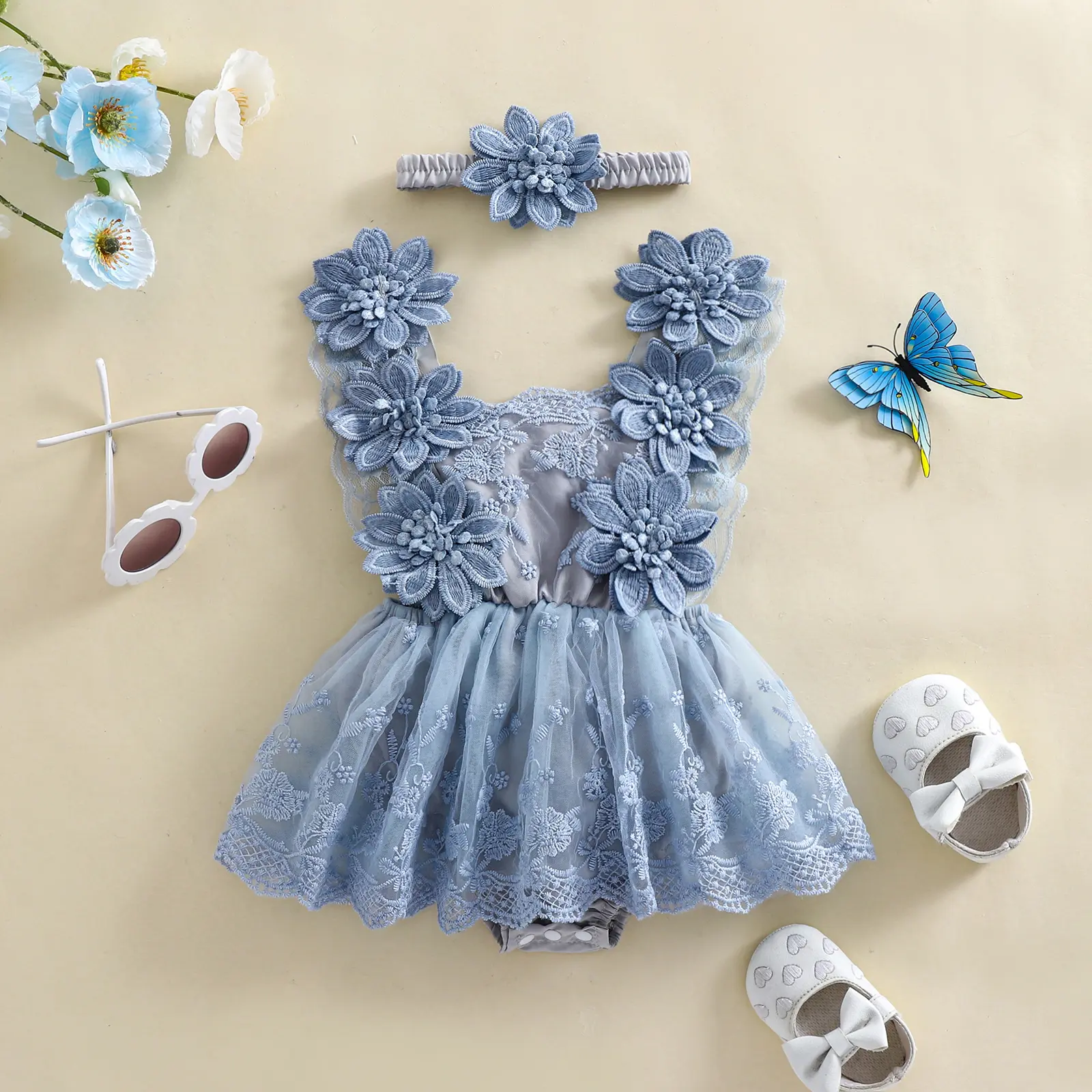 ma&baby 0-24M Baby Girl Romper Newborn Infant Toddler Princess Lace Flower Embroidery Jumpsuit Bow Headband Summer Outfits