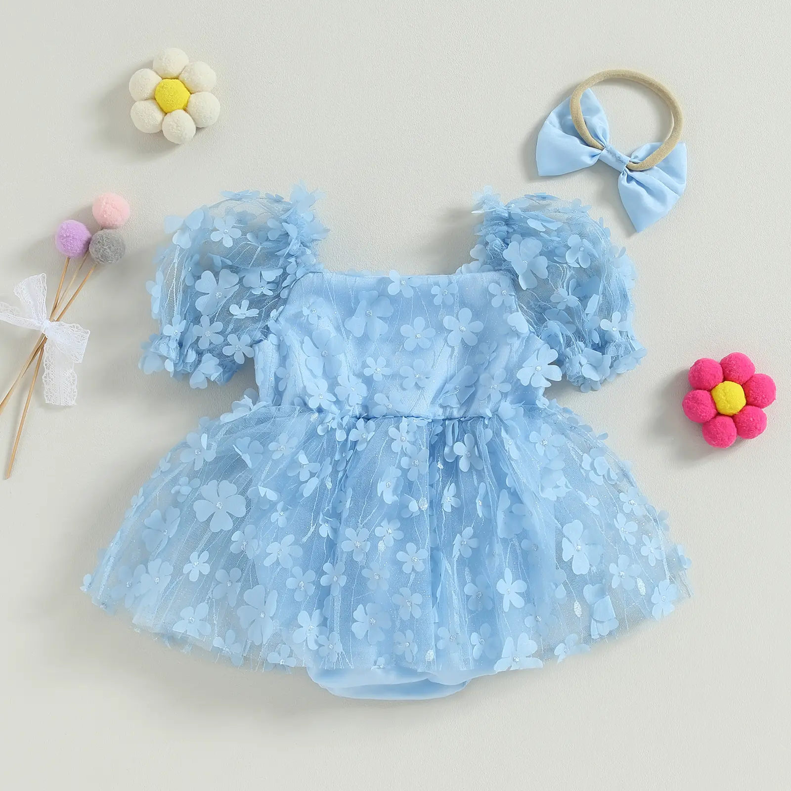 ma&baby 0-18M Baby Girls Romper Toddler Newborn Infant Tulle Jumpsuit Floral Ruffles Sunsuit Playsuit Headband Birthday Outfits