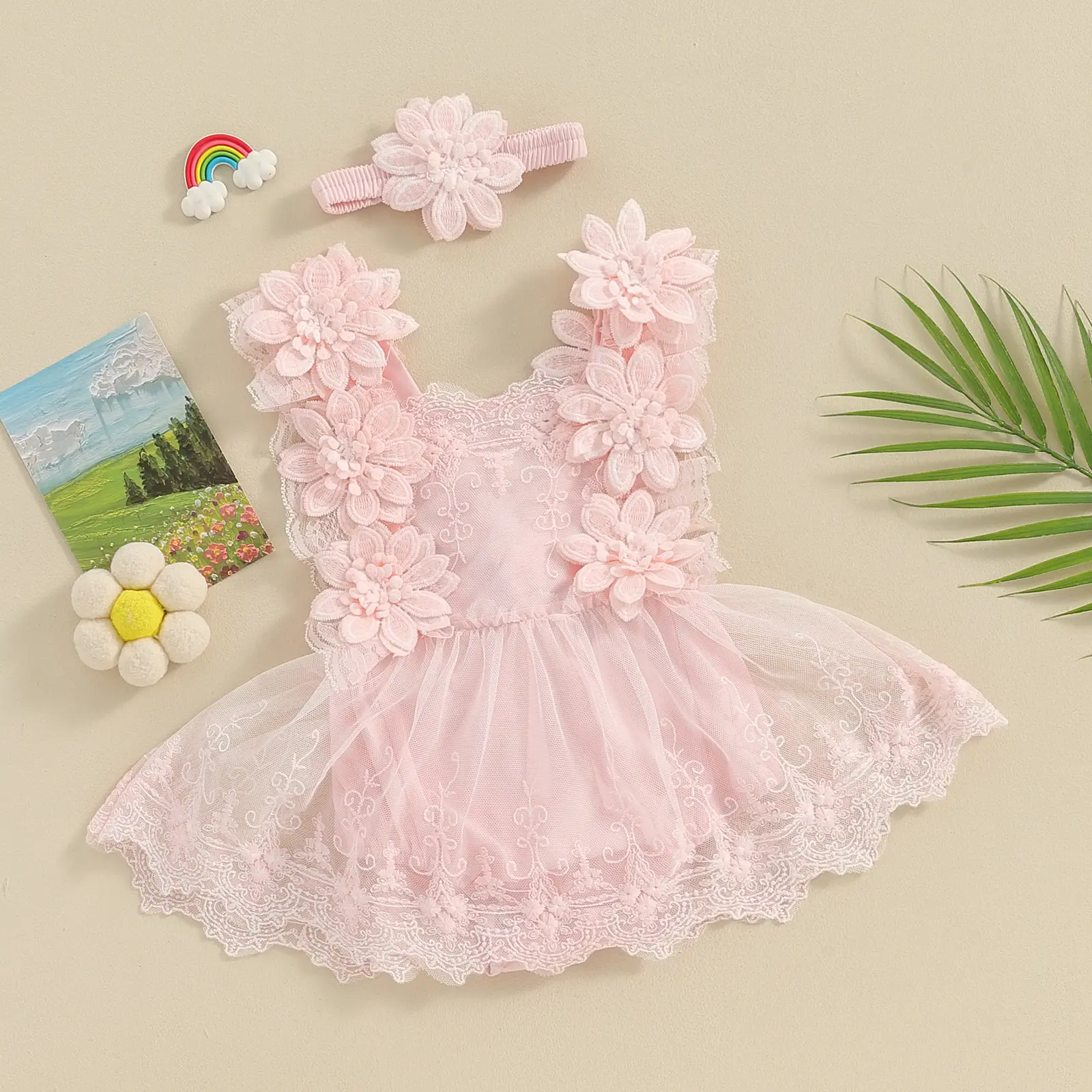ma&baby 0-18M Baby Girl Romper Newborn Infant Toddler Jumpsuit + Headband Princess Tulle Floral Embroidery  Birthday  Outfits