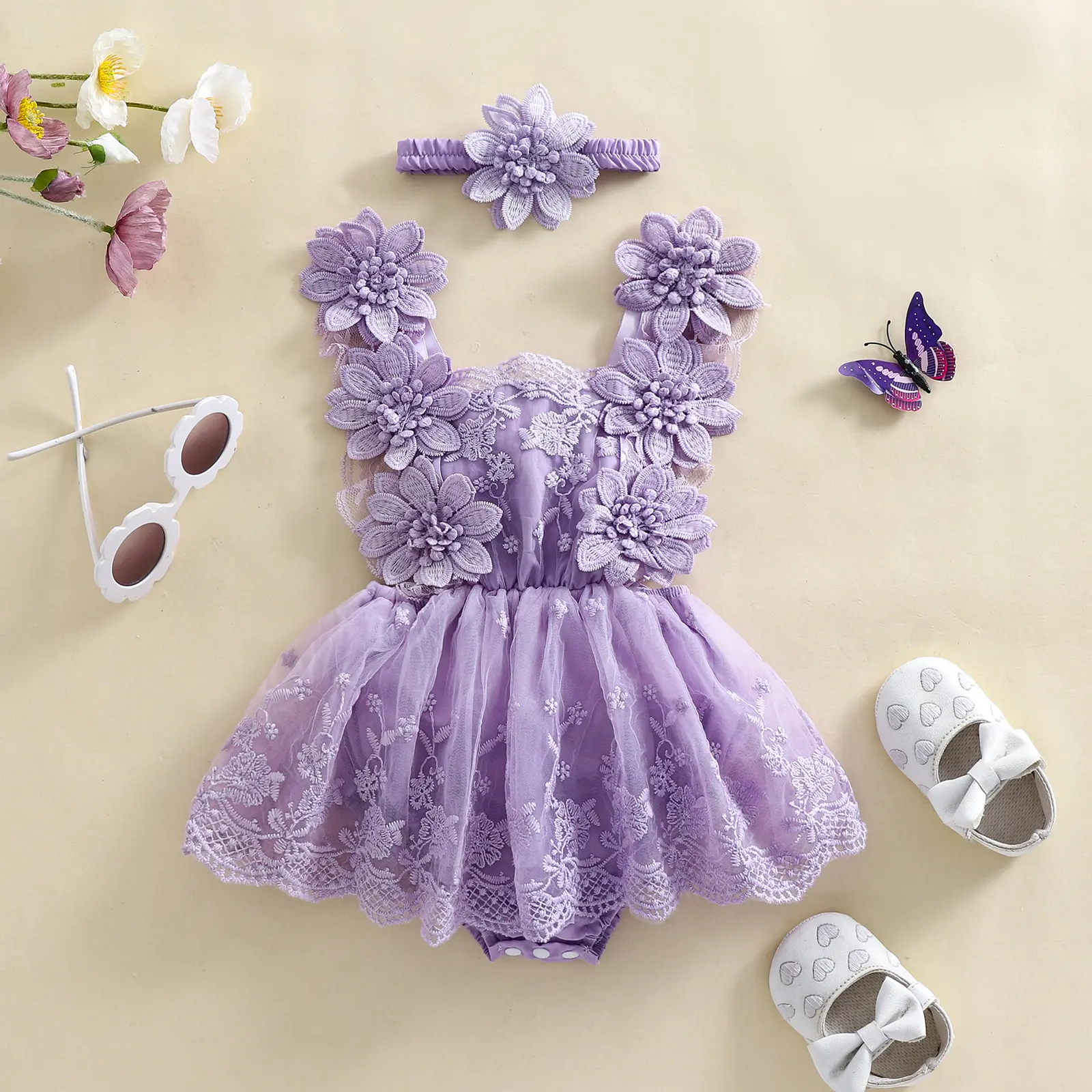 ma&baby 0-24M Baby Girl Romper Newborn Infant Toddler Princess Lace Flower Embroidery Jumpsuit Bow Headband Summer Outfits