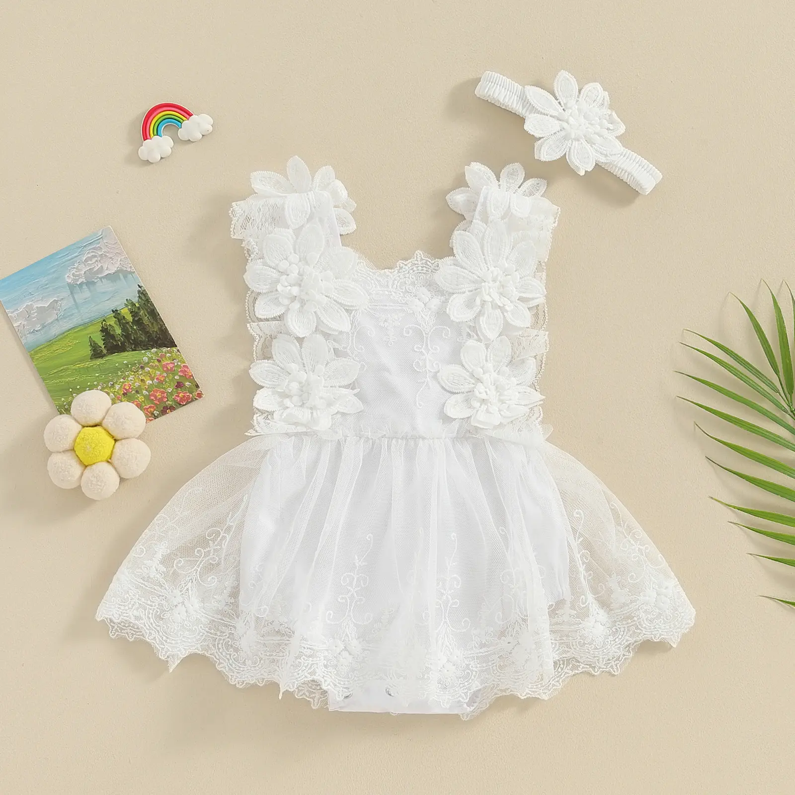 ma&baby 0-18M Baby Girl Romper Newborn Infant Toddler Jumpsuit + Headband Princess Tulle Floral Embroidery  Birthday  Outfits