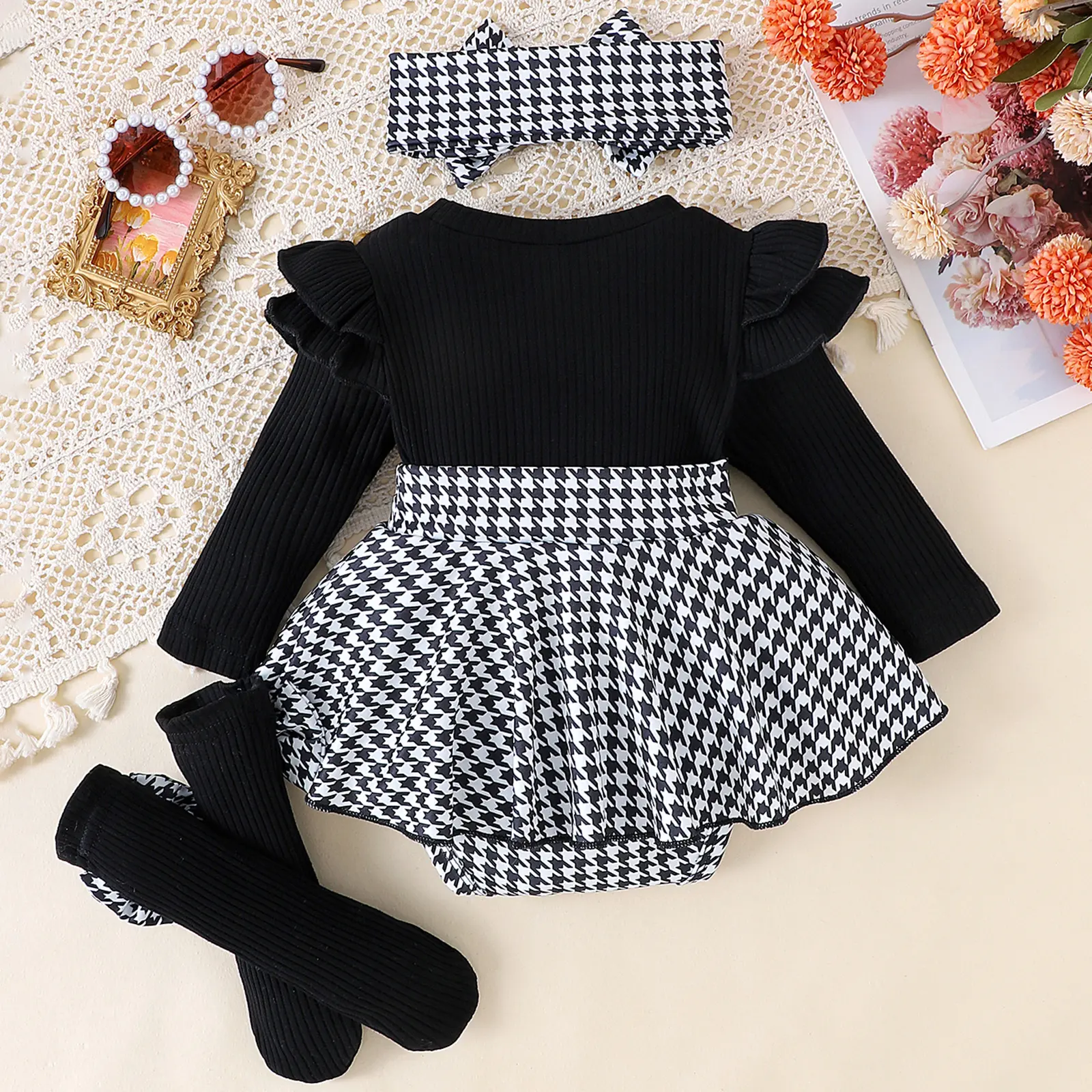 ma&baby 0-18M Newborn Infant Baby Girl Long Sleeve Romper Jumpsuit Headband Socks Outfits Toddler Clothing D12