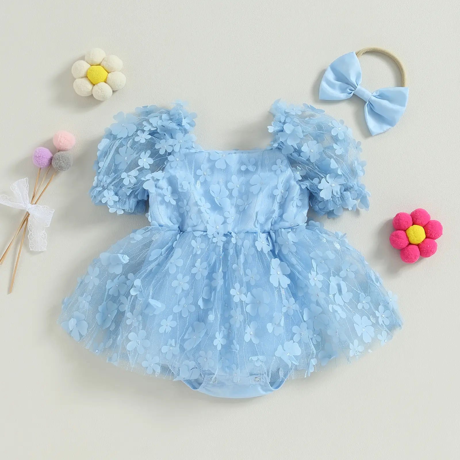 ma&baby 0-18M Baby Girls Romper Toddler Newborn Infant Tulle Jumpsuit Floral Ruffles Sunsuit Playsuit Headband Birthday Outfits