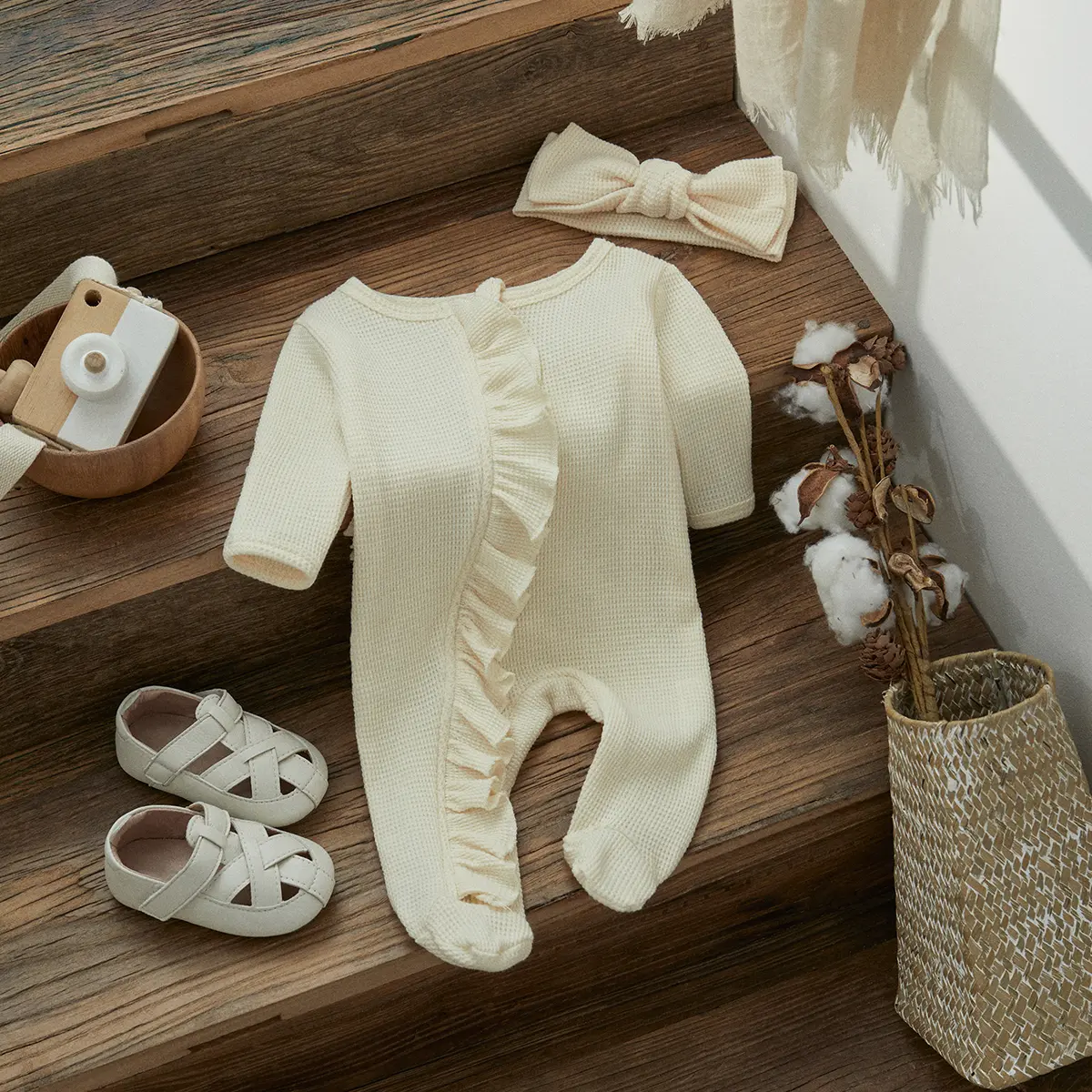 ma&baby 0-12M Newborn Baby Girl Jumpsuit Knit Ruffle Long Sleeve Romper Solid Color Playsuit Headband Outfits Spring Clothing