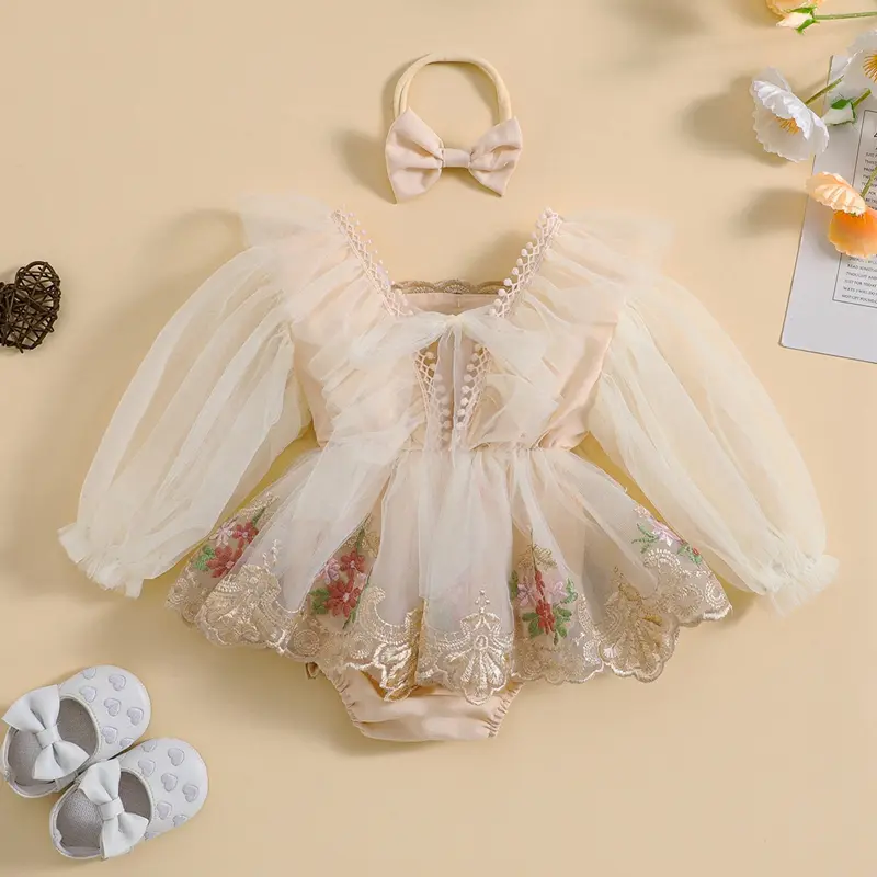 ma&baby 0-24M Baby Girl Romper Newborn Infant Tulle Jumpsuit Princess Long Sleeve Floral Embroidery Clotehs Headband Outfits