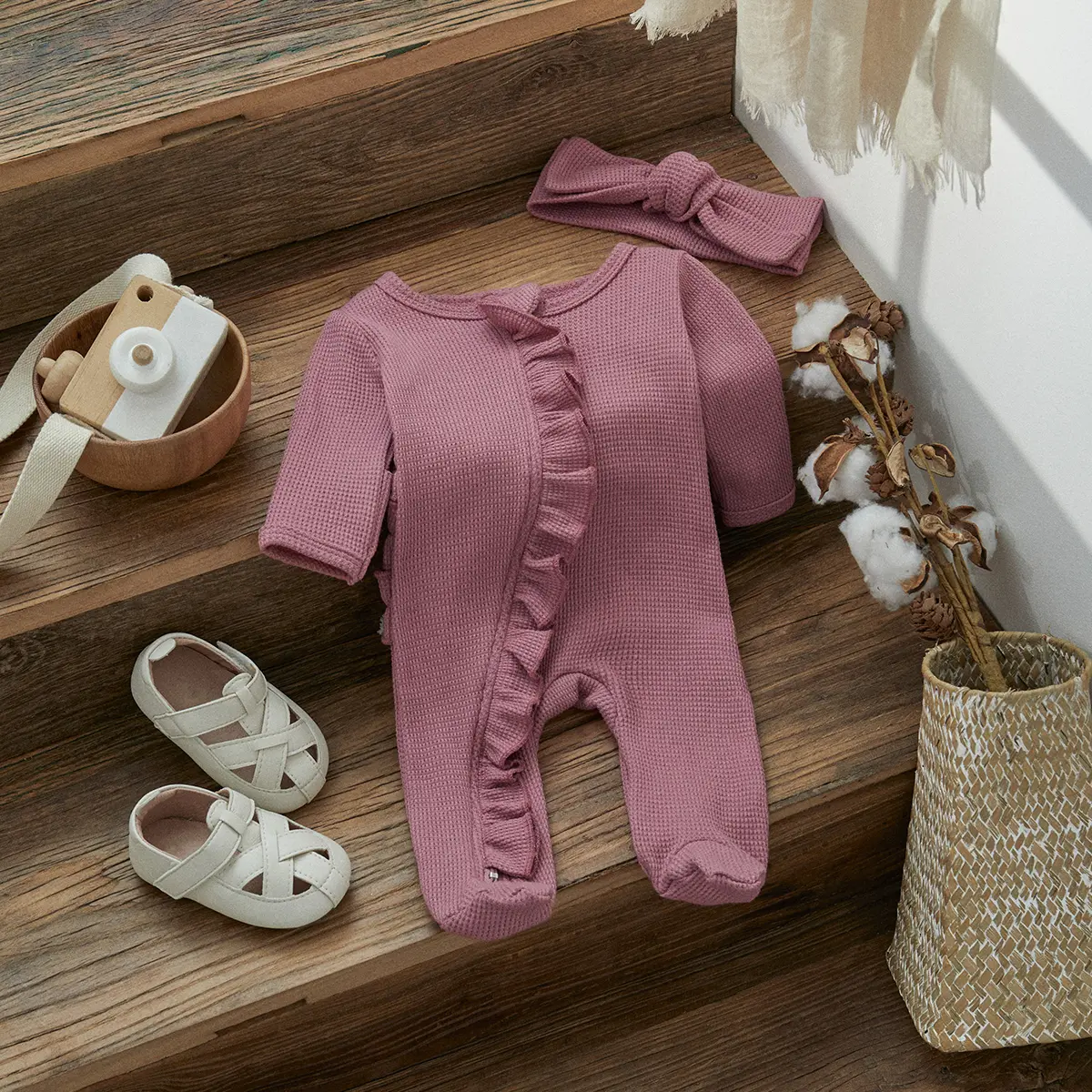 ma&baby 0-12M Newborn Baby Girl Jumpsuit Knit Ruffle Long Sleeve Romper Solid Color Playsuit Headband Outfits Spring Clothing