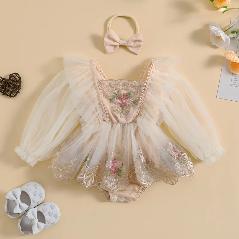 ma&baby 0-24M Baby Girl Romper Newborn Infant Tulle Jumpsuit Princess Long Sleeve Floral Embroidery Clotehs Headband Outfits