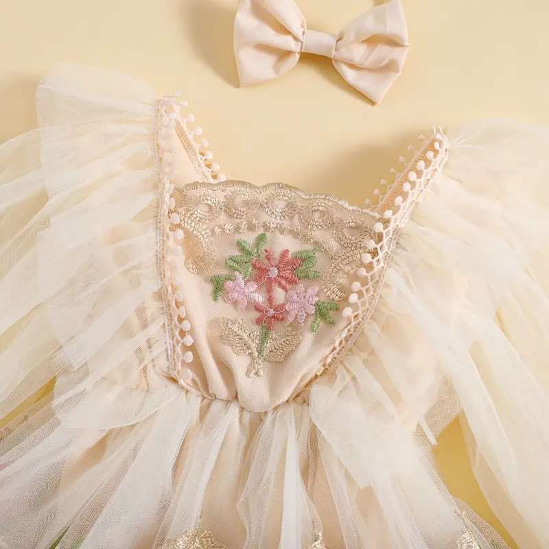 ma&baby 0-24M Baby Girl Romper Newborn Infant Tulle Jumpsuit Princess Long Sleeve Floral Embroidery Clotehs Headband Outfits