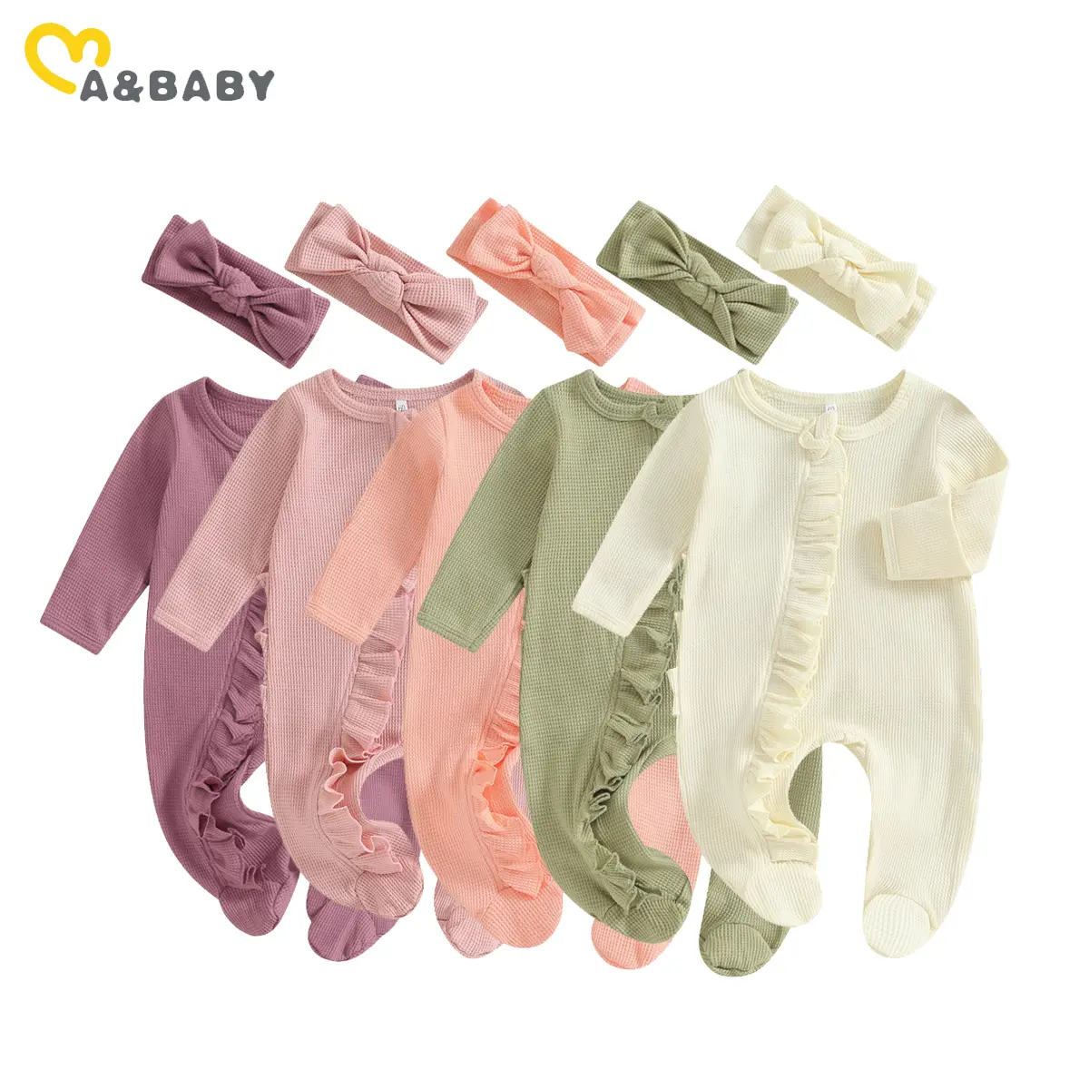 ma&baby 0-12M Newborn Baby Girl Jumpsuit Knit Ruffle Long Sleeve Romper Solid Color Playsuit Headband Outfits Spring Clothing