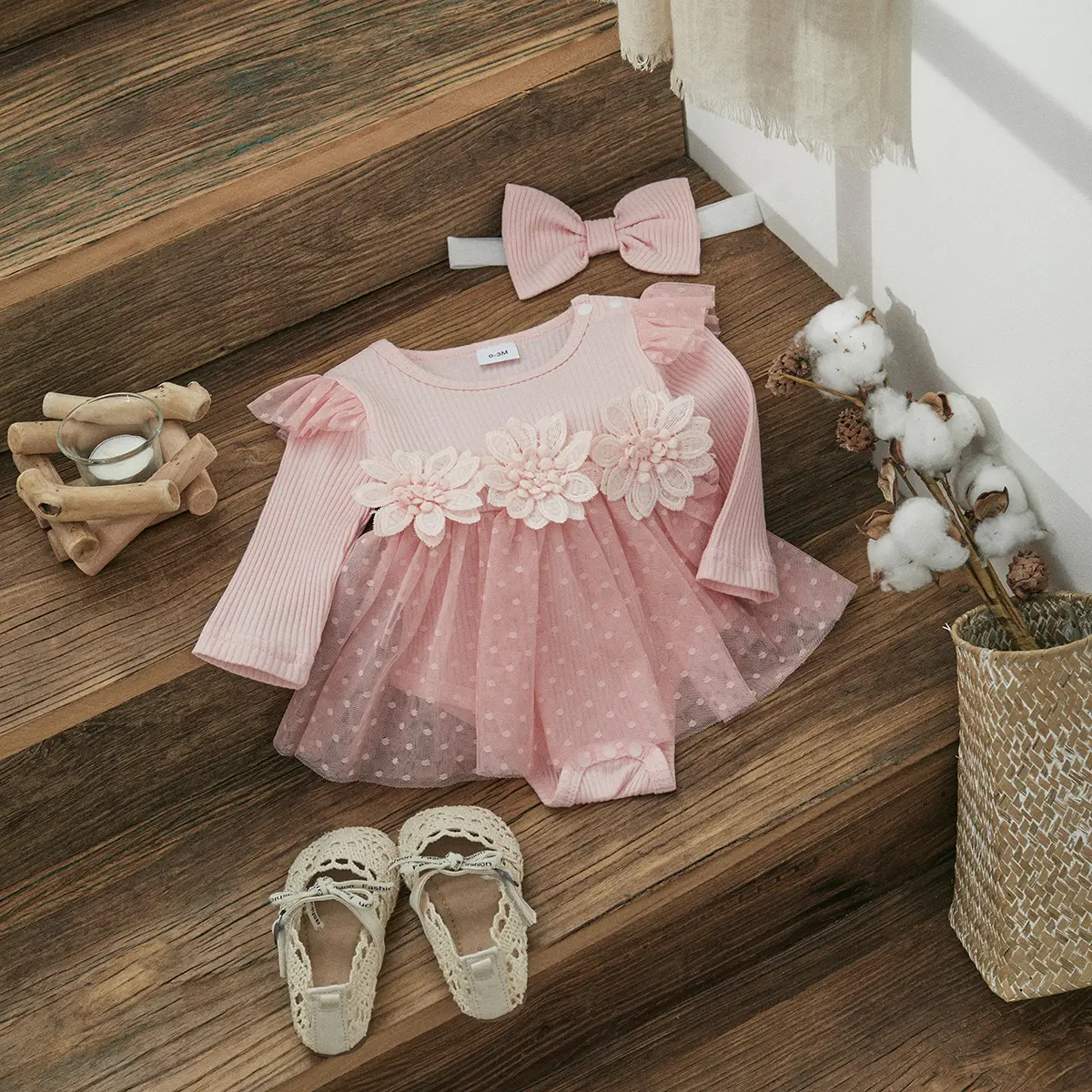 ma&baby 0-18M Baby Girls Romper Newborn Infant Toddler Long Sleeve Tulle Princess  Flower Jumpsuit Headband Spring Fall Outfits
