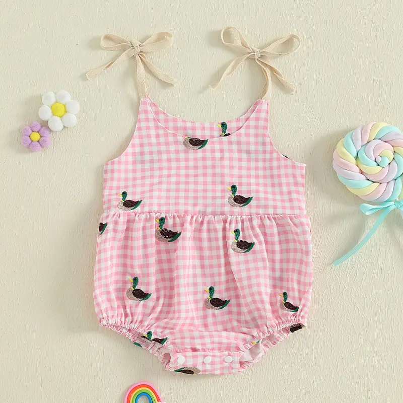 Baby Girls Romper, Sleeveless Tie-up Plaid Embroidery Duck Infant Bodysuit Summer Clothes for Casual Daily