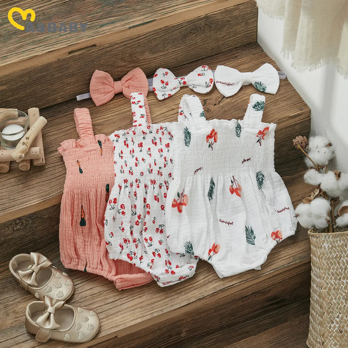 ma&baby 0-18M Newborn Baby Girls Romper Toddler Infant Jumpsuit Ruffles Sleeveless Cherry Print Overalls Summer Clothing