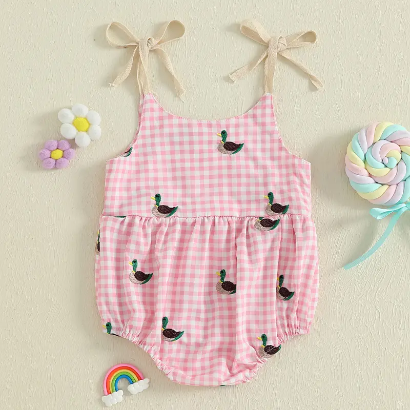 Baby Girls Romper, Sleeveless Tie-up Plaid Embroidery Duck Infant Bodysuit Summer Clothes for Casual Daily