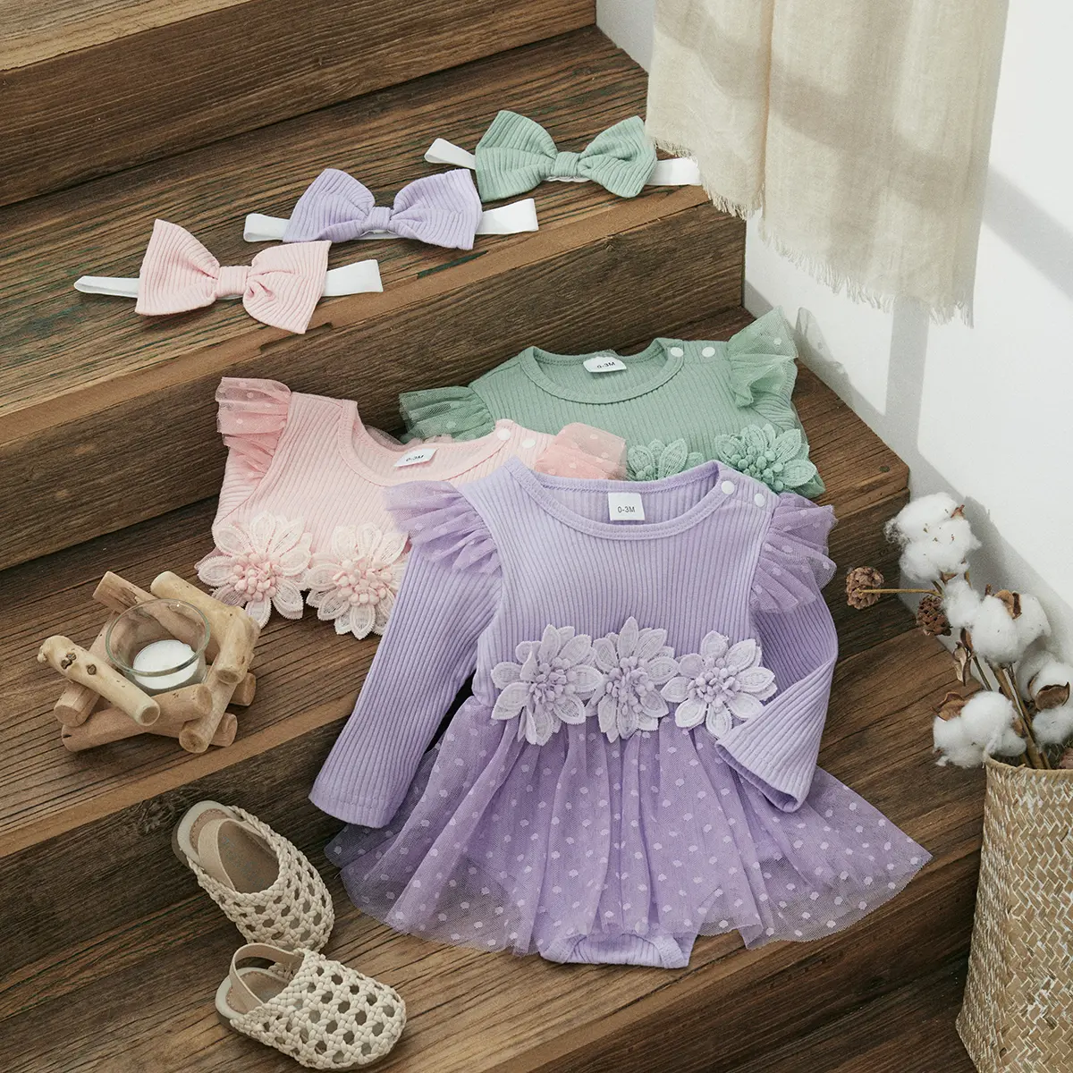 ma&baby 0-18M Baby Girls Romper Newborn Infant Toddler Long Sleeve Tulle Princess  Flower Jumpsuit Headband Spring Fall Outfits